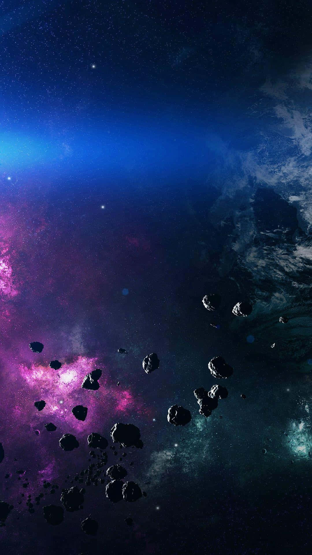 Asteroid 桌布 壁紙 — 一個宇宙景觀，紫色和藍色星雲與漂浮的小行星在繁星點點的虛空中。