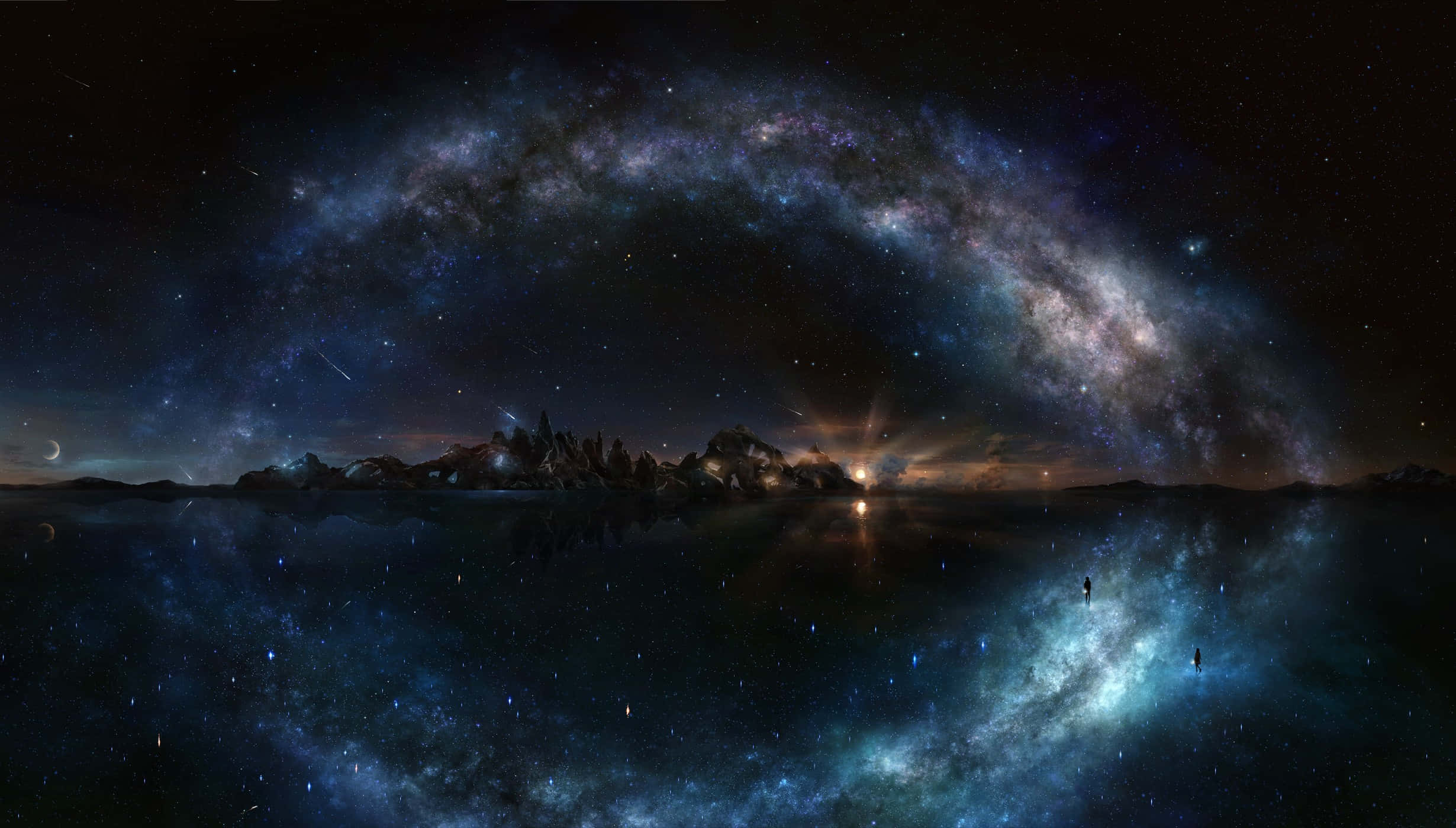 4K Anime Space 桌布 壁紙 — 一個宇宙景觀，繁星點點的銀河拱在黑暗的山脈上，倒映在平靜的水面上。