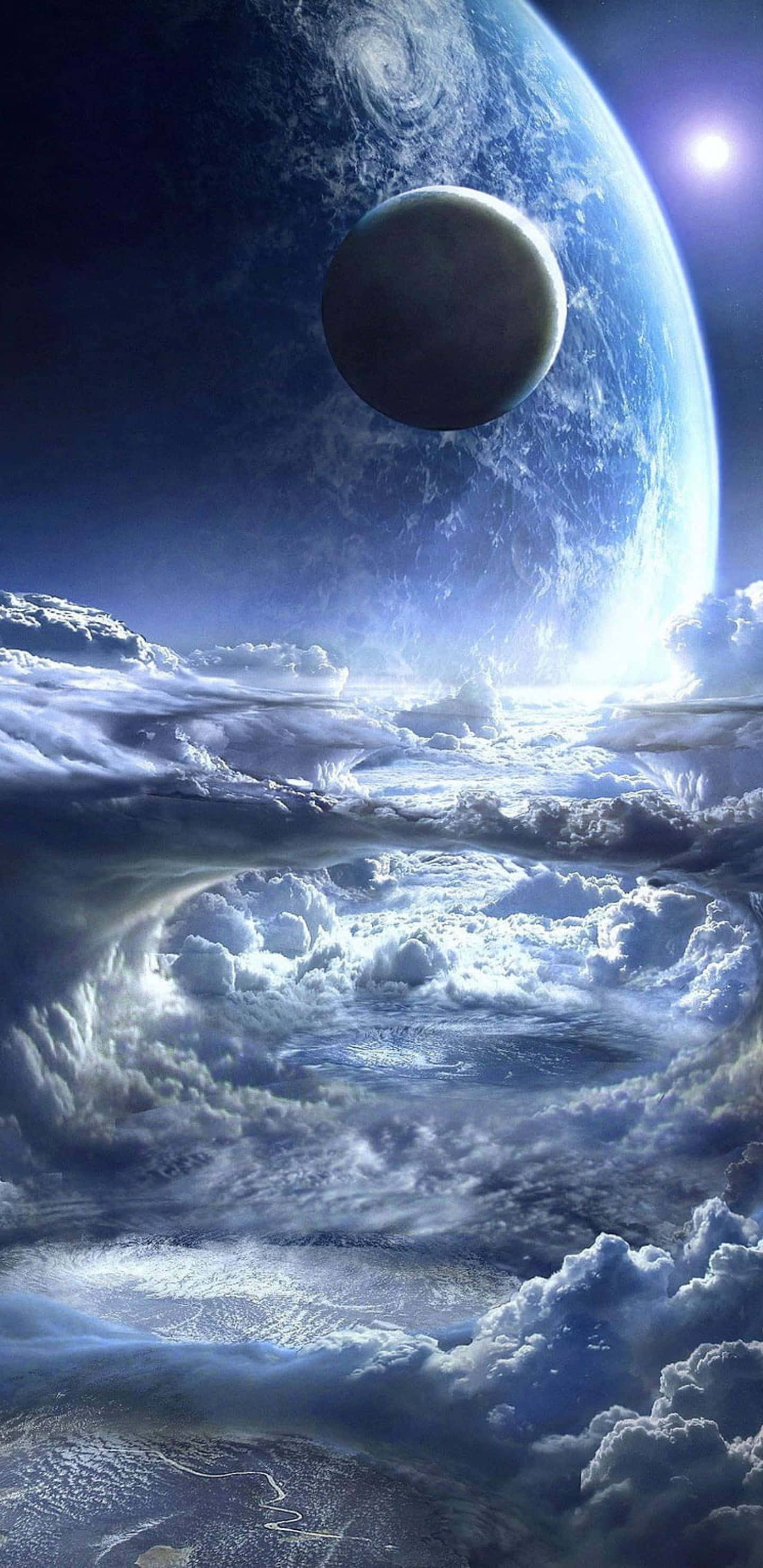 天命2 桌布 壁紙 — 一個宇宙景觀顯示一個旋轉的藍色行星，上面有一個黑暗的月亮和明亮的太陽，下方是翻騰的雲海。