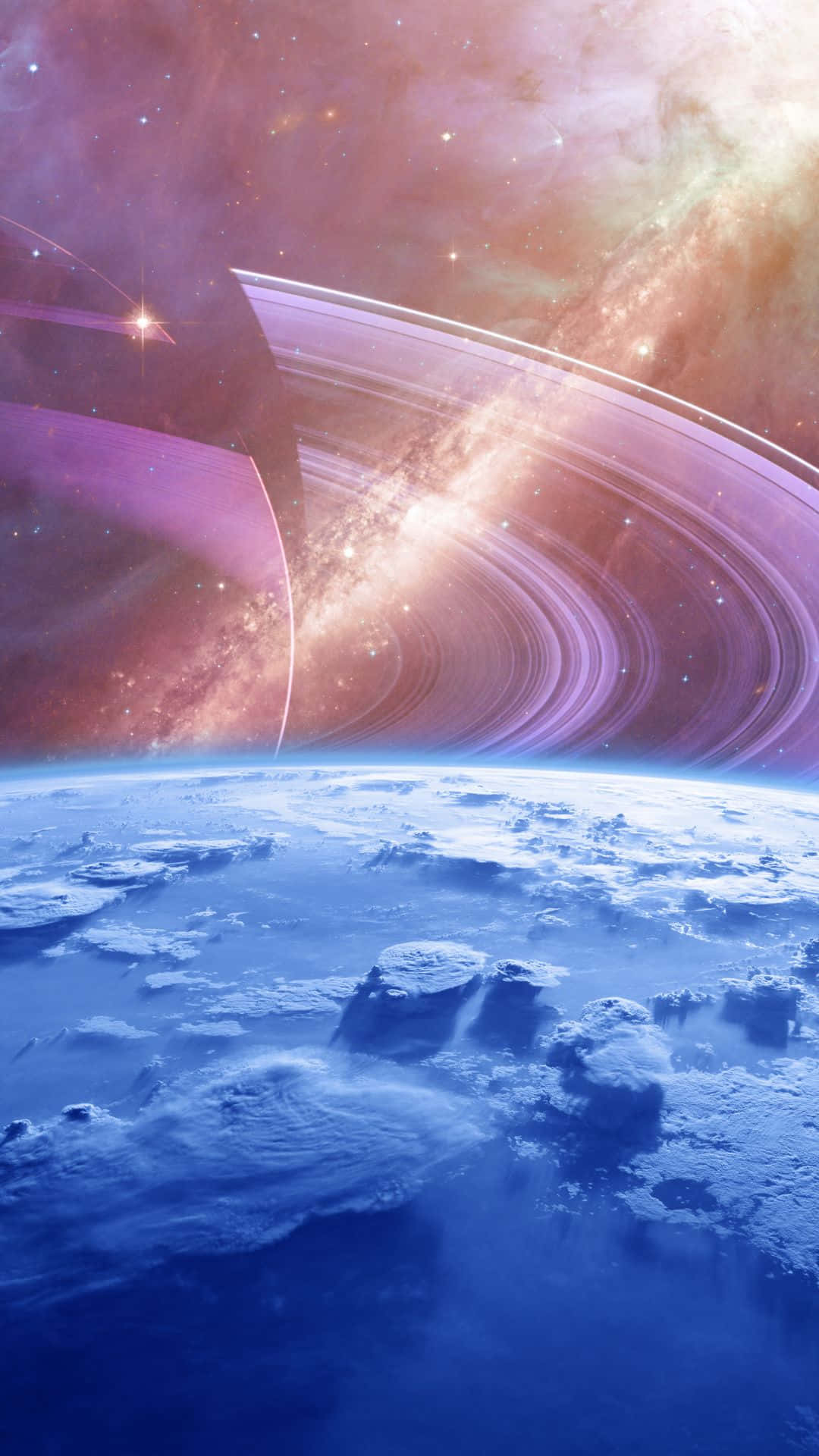 行星動畫 桌布 壁紙 — 一個宇宙景觀顯示一個藍色行星，其上有冰封大陸，下方是旋轉的紫色星系和發光環。