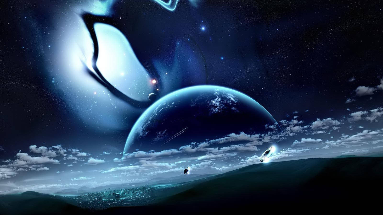 月光 桌布 壁紙 — 一個宇宙景觀顯示一顆發光的藍色行星和一個巨大的眼睛形狀星雲漂浮在雲層覆蓋的景觀之上，有飛行船隻。