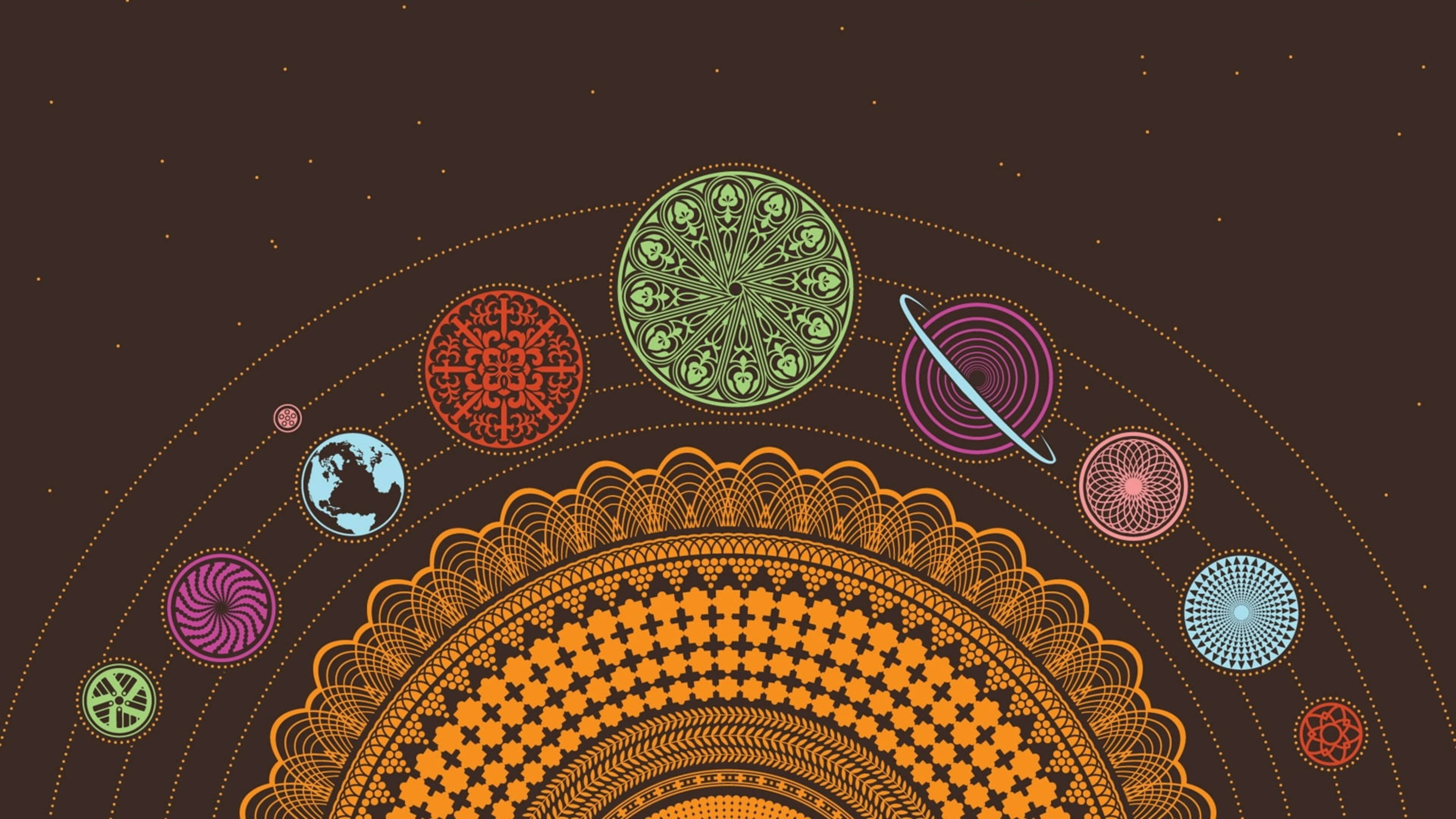 塗鴉動圖 桌布 壁紙 — 一個宇宙曼陀羅，帶有複雜的幾何行星，圍繞著一個大型橙色圖案太陽，背景是星光點點的棕色。