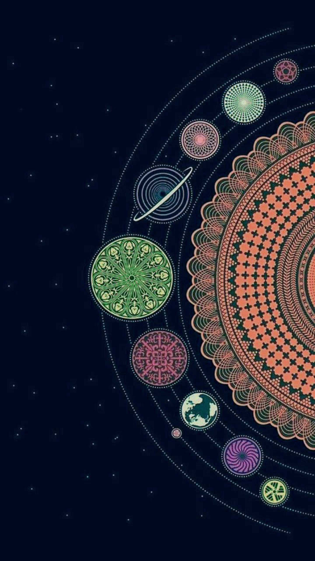 華麗的曼陀羅行星在繁星點點的夜空中繞著中心太陽運行。 — 曼陀羅 GIF 壁紙