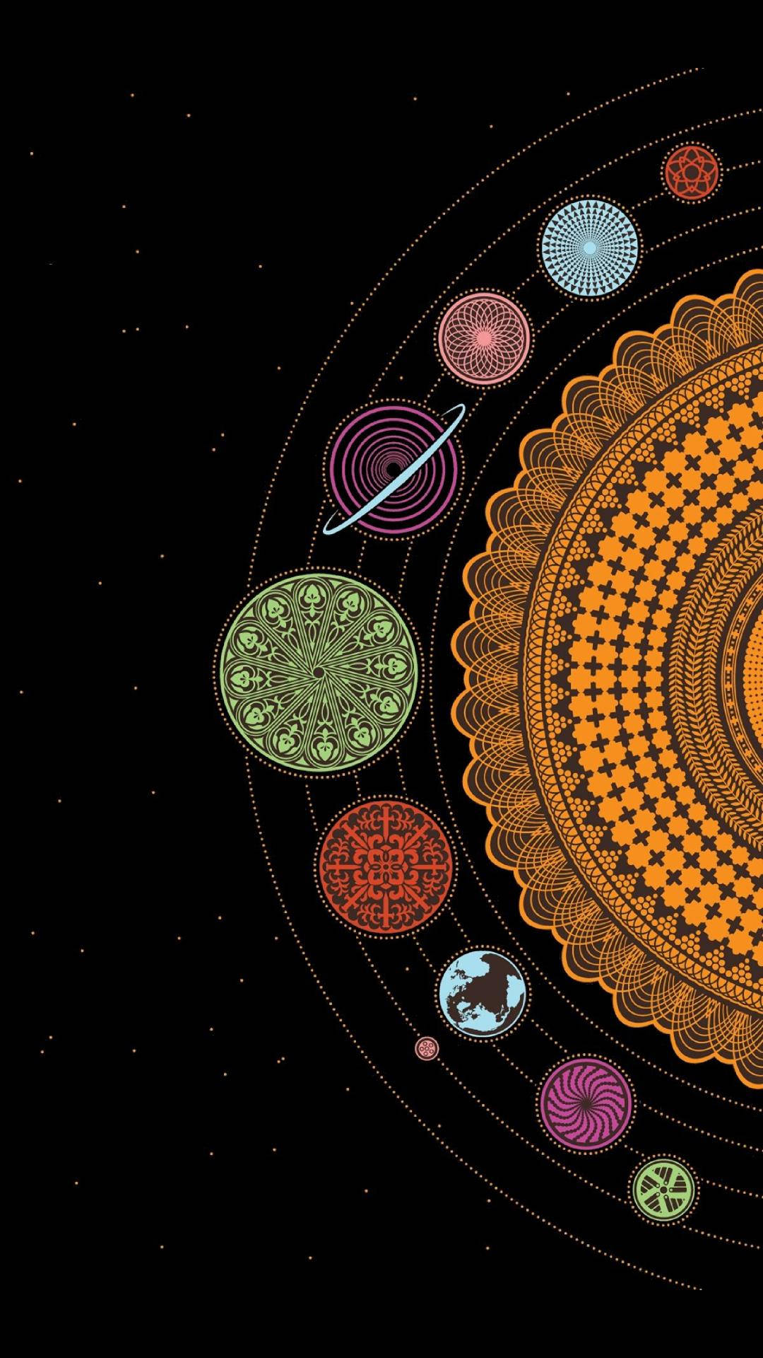 曼陀羅 桌布 壁紙 — 一個宇宙曼陀羅，複雜的幾何行星圍繞著一個大橙色太陽，背景是星光閃爍的黑色。