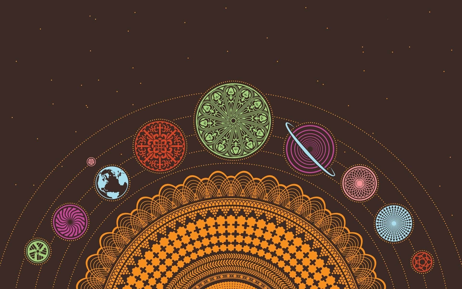太陽與月亮 桌布 壁紙 — 一個宇宙曼陀羅，複雜的幾何行星圍繞著一個大型橙色圖案太陽，背景是佈滿星星的棕色天空。