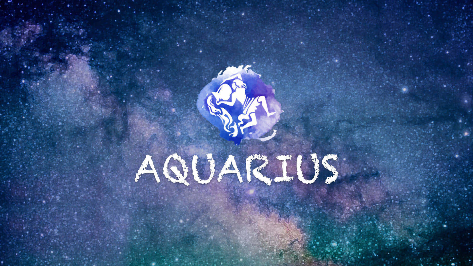 桌布 壁紙 — 一個宇宙水瓶座星座符號在星雲背景中發光，帶有旋轉的紫色和藍色。