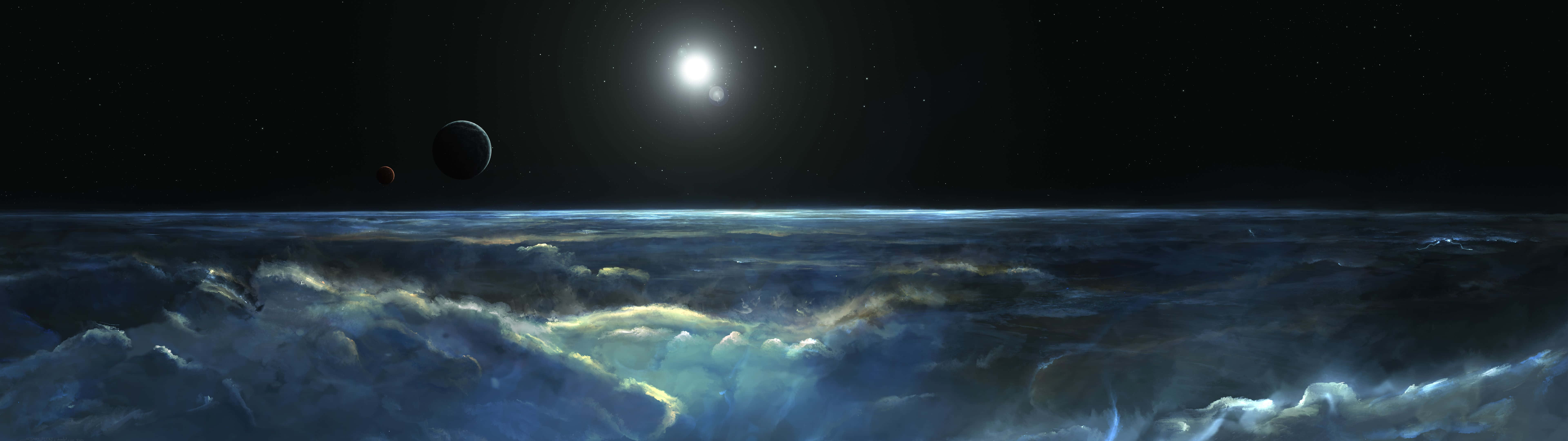 夜空 桌布 壁紙 — 一個宇宙海洋景觀，在明亮恆星和黑暗天空中兩顆遙遠行星下，有湍急的藍色雲層。