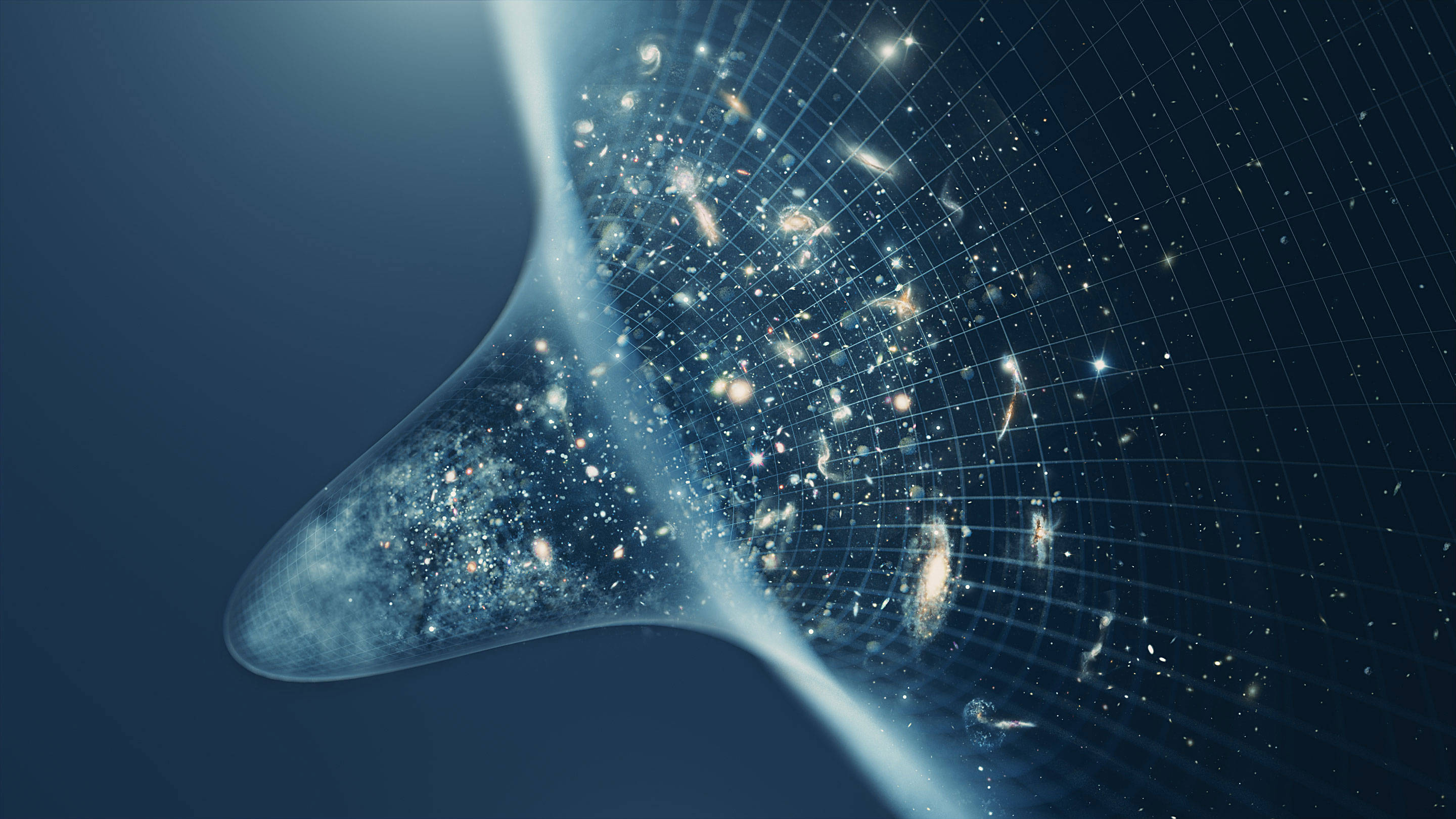 Physics 桌布 壁紙 — 一個宇宙漏斗揭示星系和恆星從深藍色虛空中浮現，背景為網格。