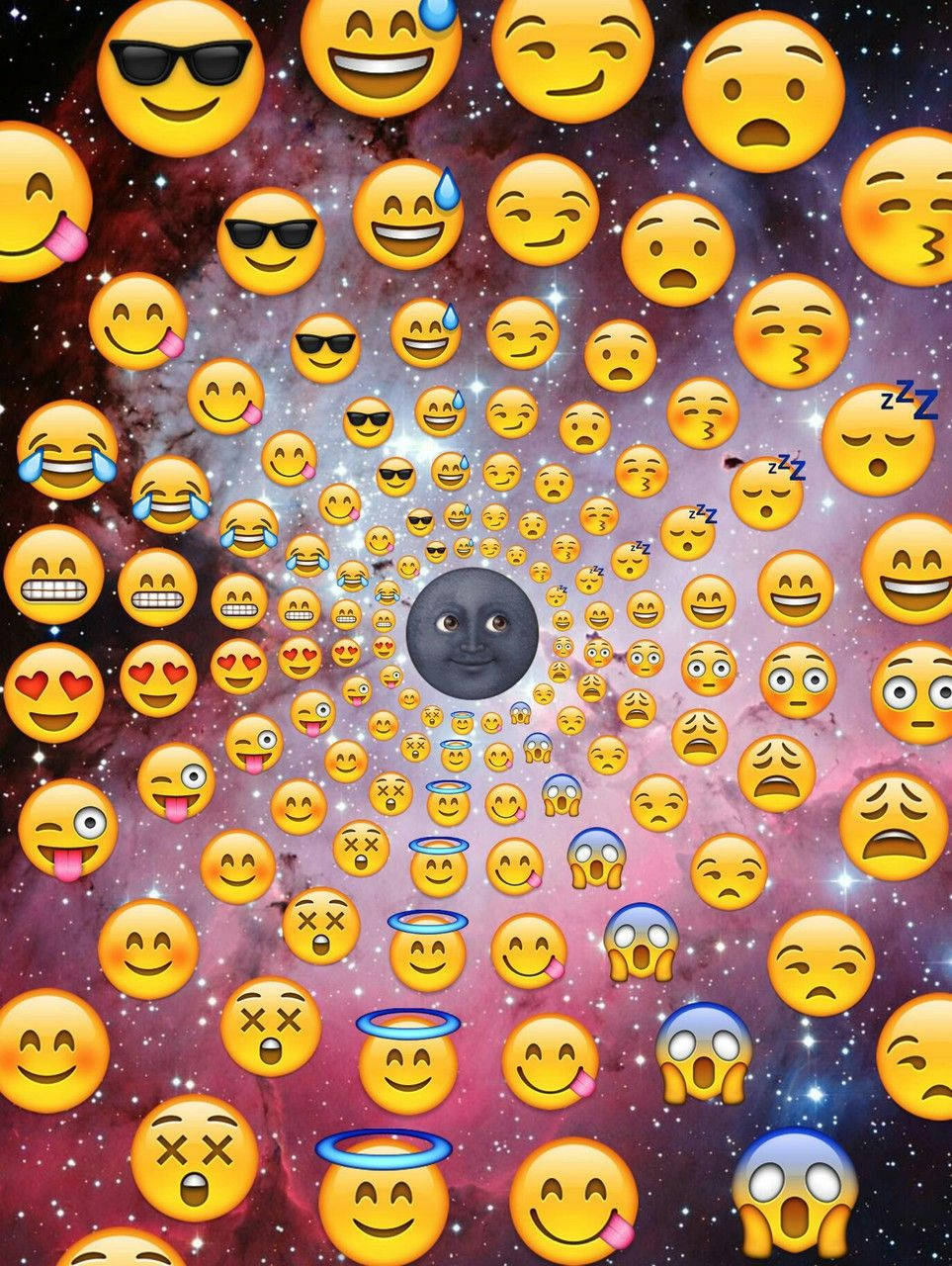 表情符號 桌布 壁紙 — 一個宇宙漩渦，由各種表情符號面孔從中央月亮面孔向外輻射，背景是繁星點點的星雲。