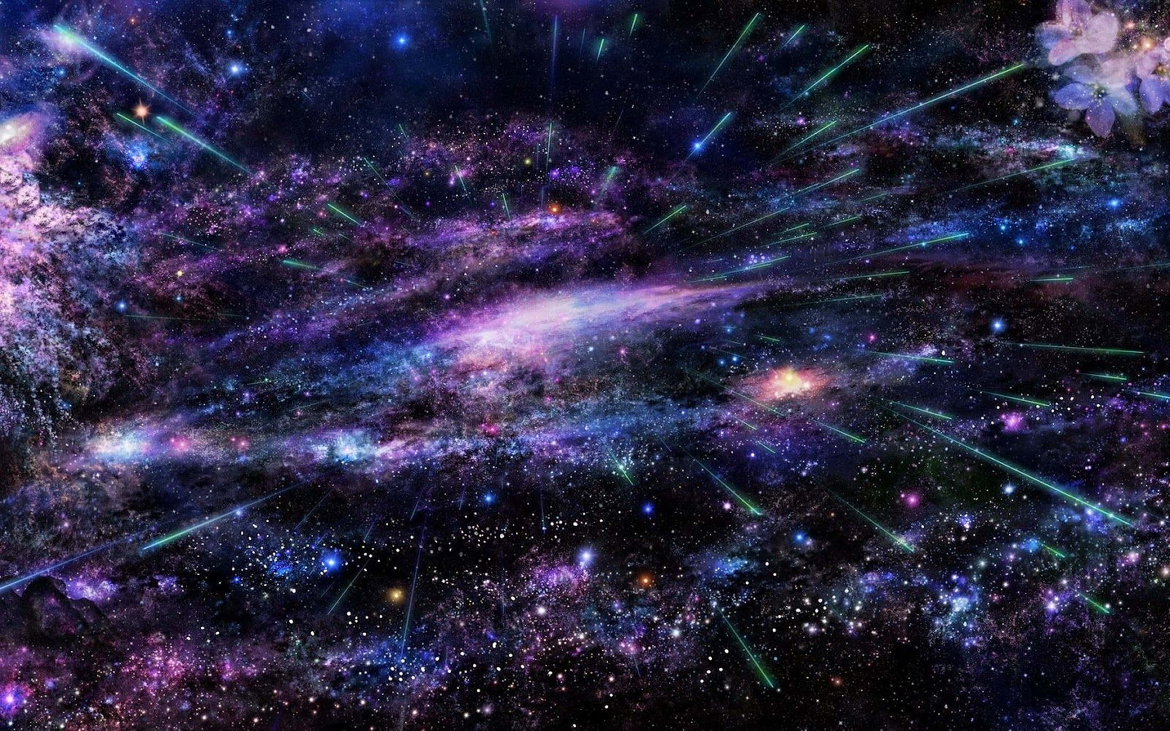 銀河 桌布 壁紙 — 一個宇宙漩渦，由紫色和藍色星雲組成，並有發光的綠色流星劃過星空。