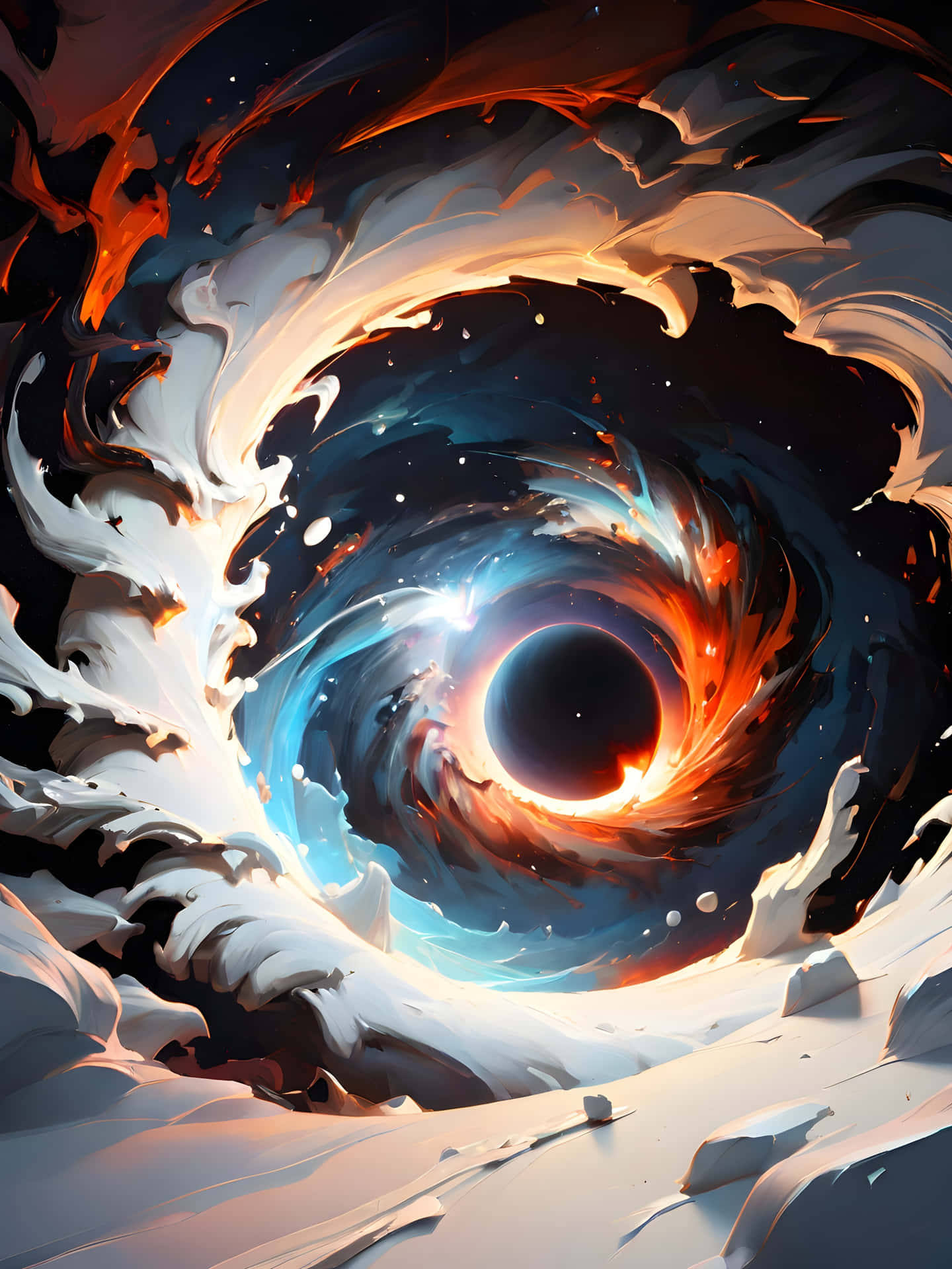 a collision between a black hole and a white hole in space. 壁紙 — 一個宇宙漩渦以火熱的橙色和冷藍色調圍繞黑洞旋轉，背景是雪景。