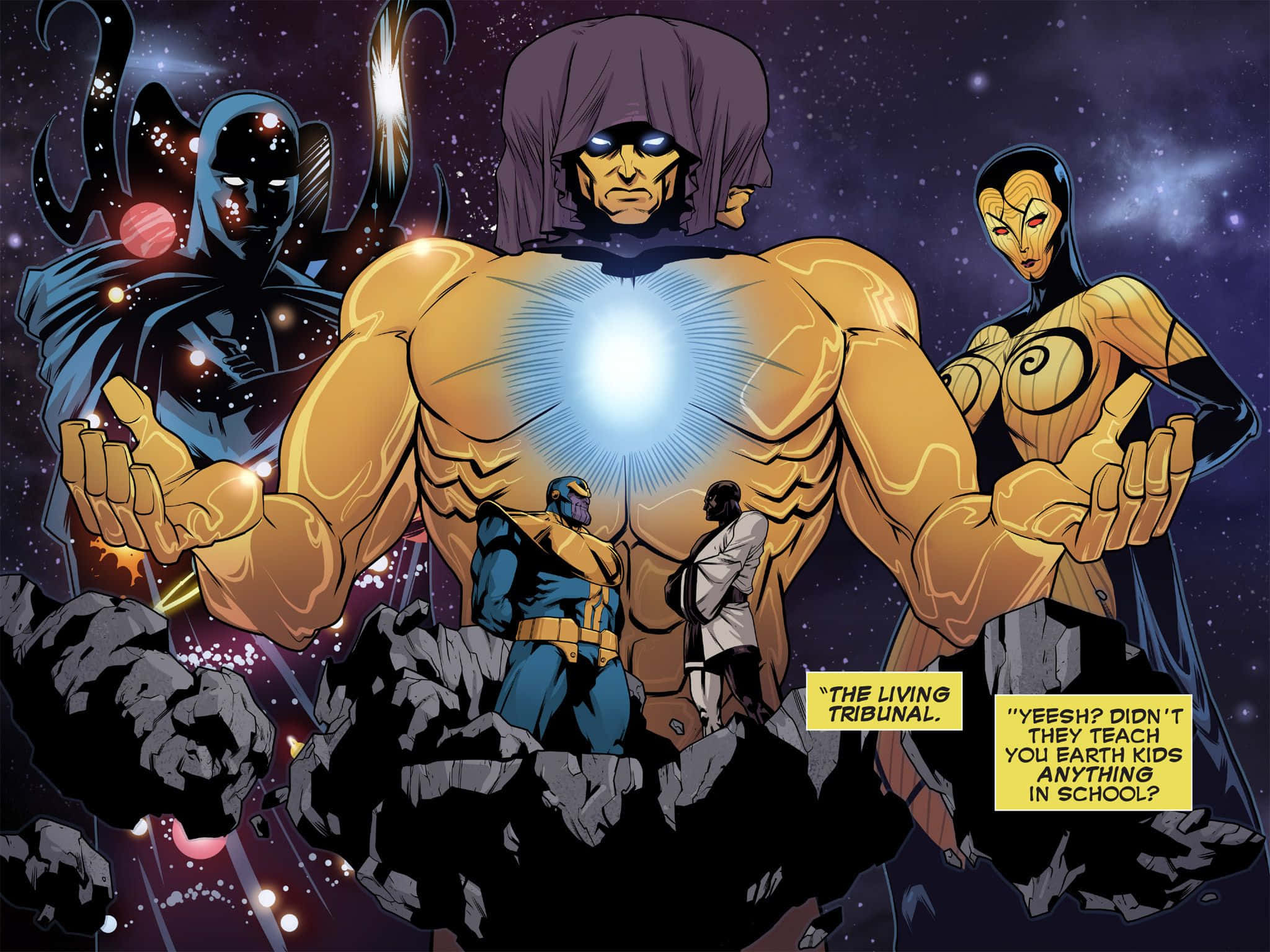 Living Tribunal 桌布 壁紙 — 一個宇宙漫畫面板顯示生命法庭在星際虛空中發光，兩個人物站在他面前。