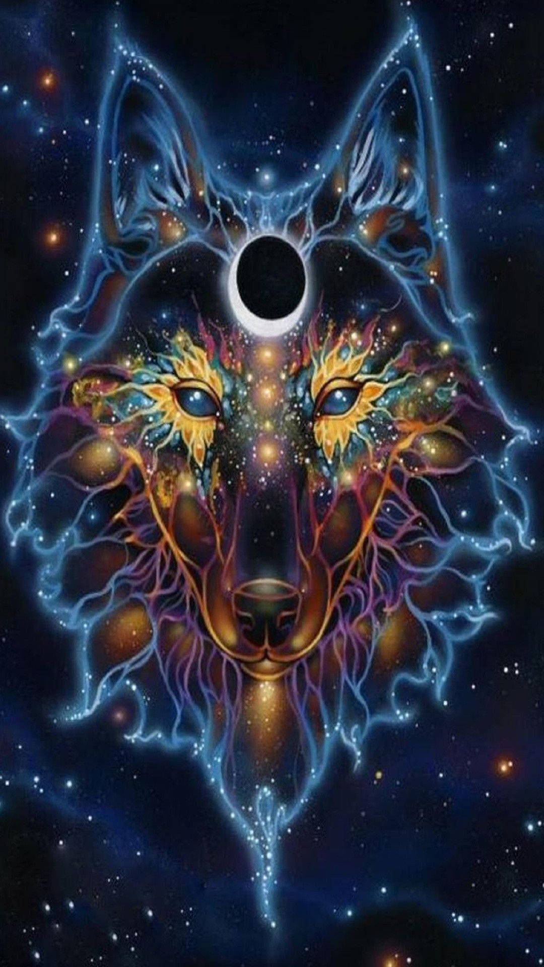 Werewolf 桌布 壁紙 — 一個宇宙狼頭，擁有星形眼睛和閃電脈絡，背景是星空夜空，額頭上有一個黑洞。