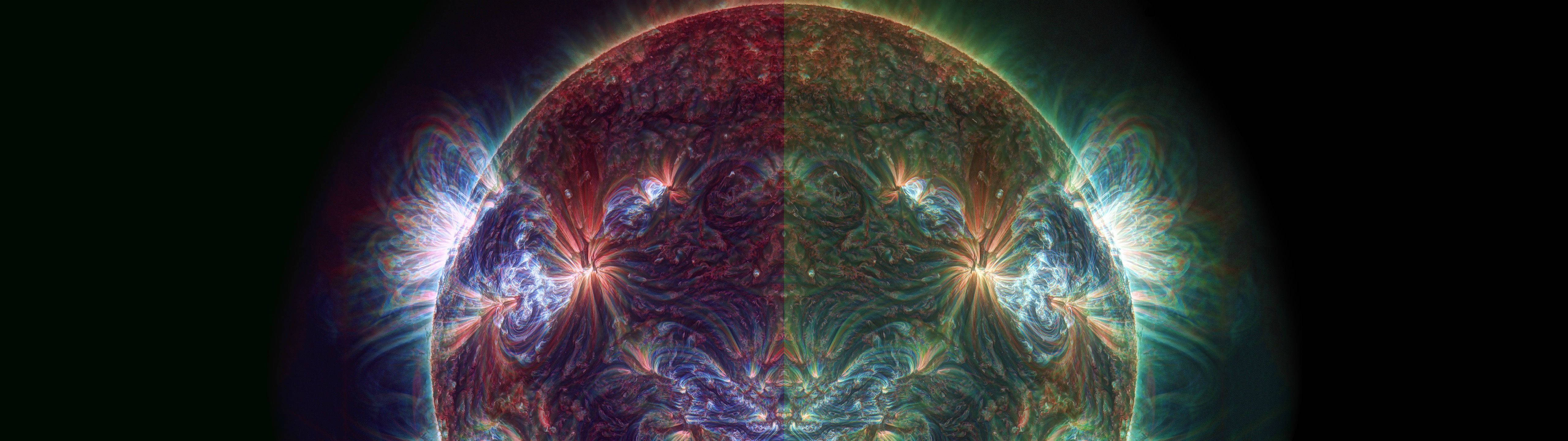 太空 桌布 壁紙 — 一個宇宙球體在黑暗虛空中散發出充滿活力的碎形能量，伴隨著發光的星爆。
