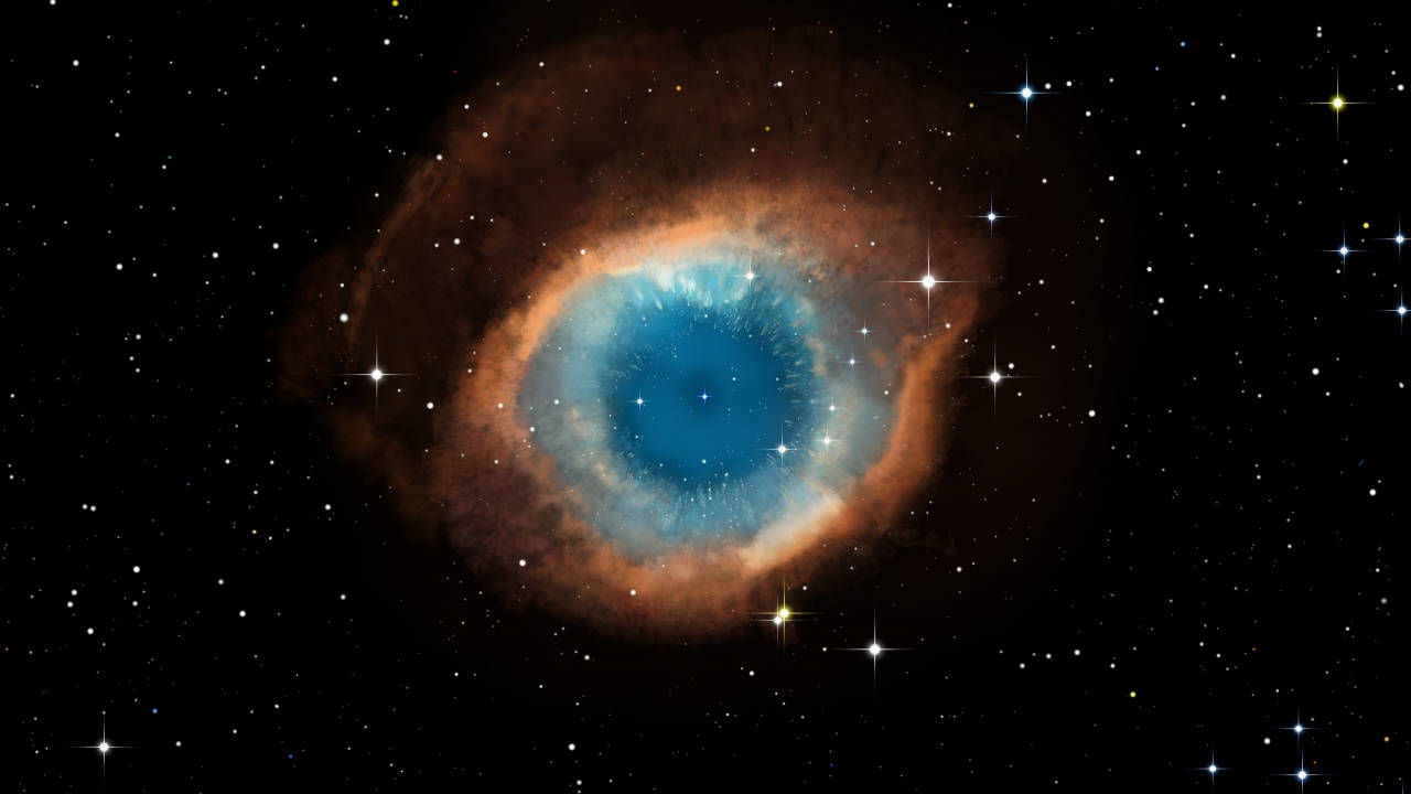 宇宙美學 桌布 壁紙 — 一個宇宙眼睛星雲，在深空中散發藍色和橙色光芒，周圍環繞著閃爍的星星。