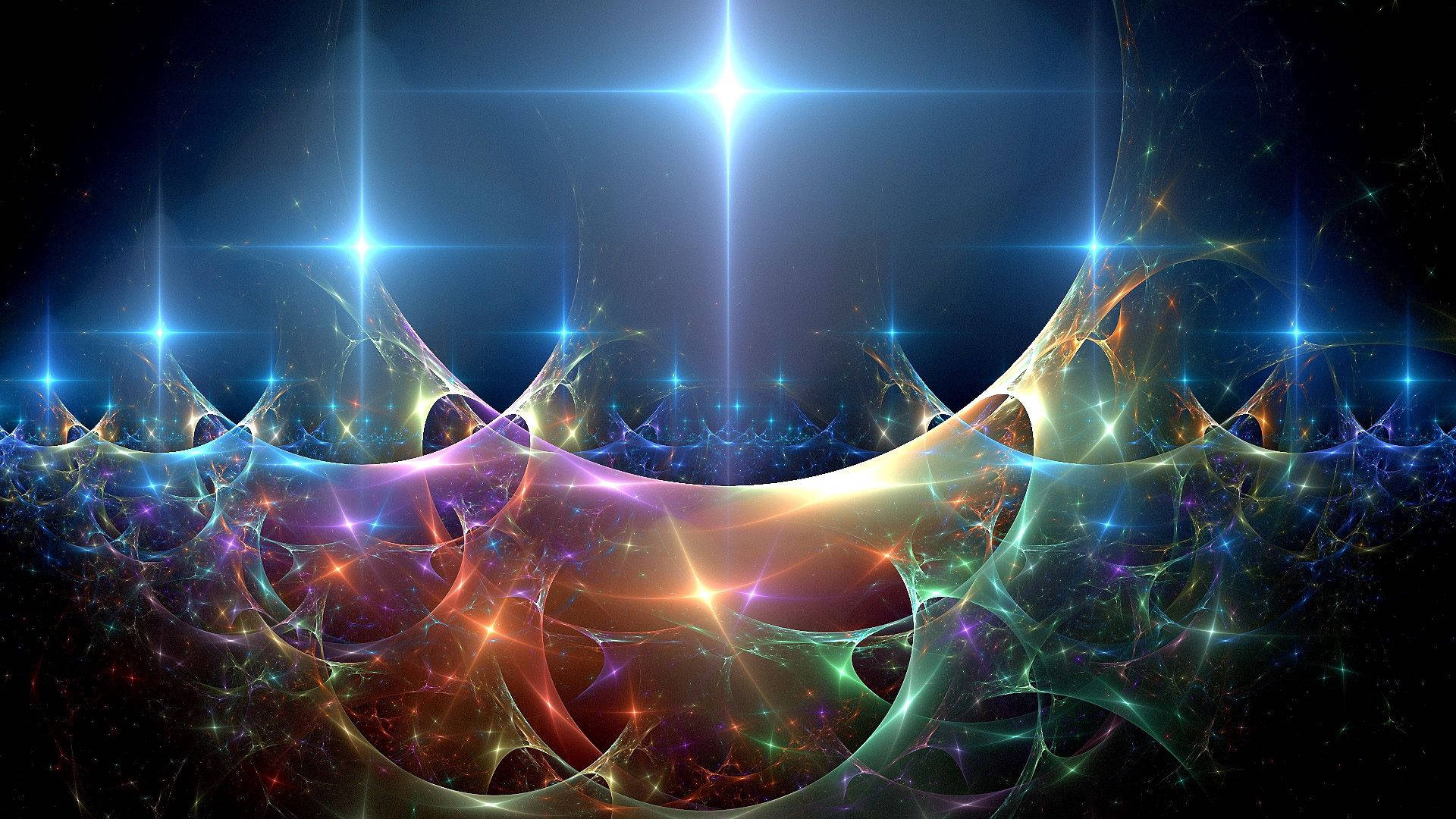 抽菸 桌布 壁紙 — 一個宇宙碎形星雲，在黑暗虛空中閃爍著藍色星星和旋轉的彩虹觸手。