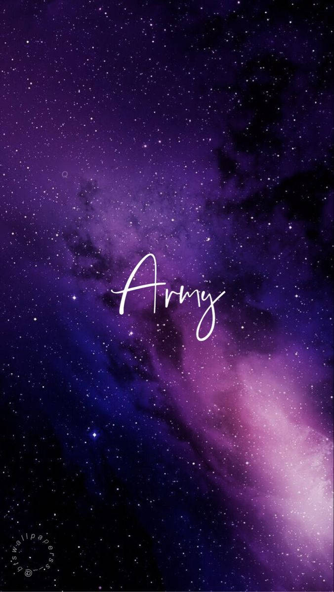 紫色星系，帶有星星和星雲，以白色草書顯示單詞Army。 — BTS 防彈少年團 粉絲 女孩 GIF 壁紙