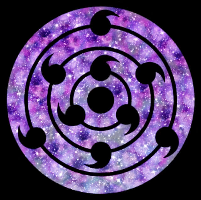 Rinnegan 桌布 壁紙 — 一個宇宙紫色星系在一個帶有同心圓環和六個巴紋的黑色輪迴眼符號後面旋轉。