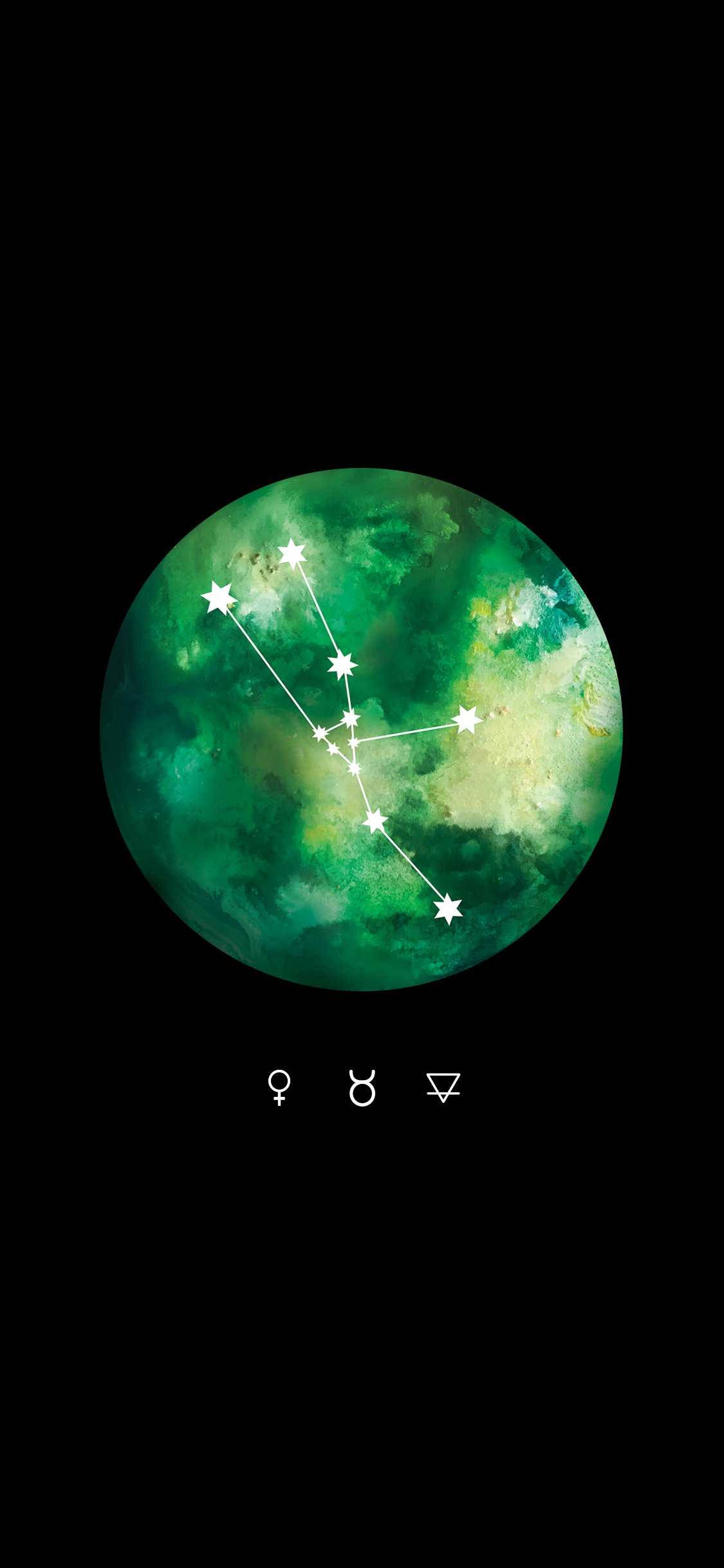 zodiac 桌布 壁紙 — 一個宇宙綠色星球，帶有白色星座和占星符號，背景為黑色虛空。