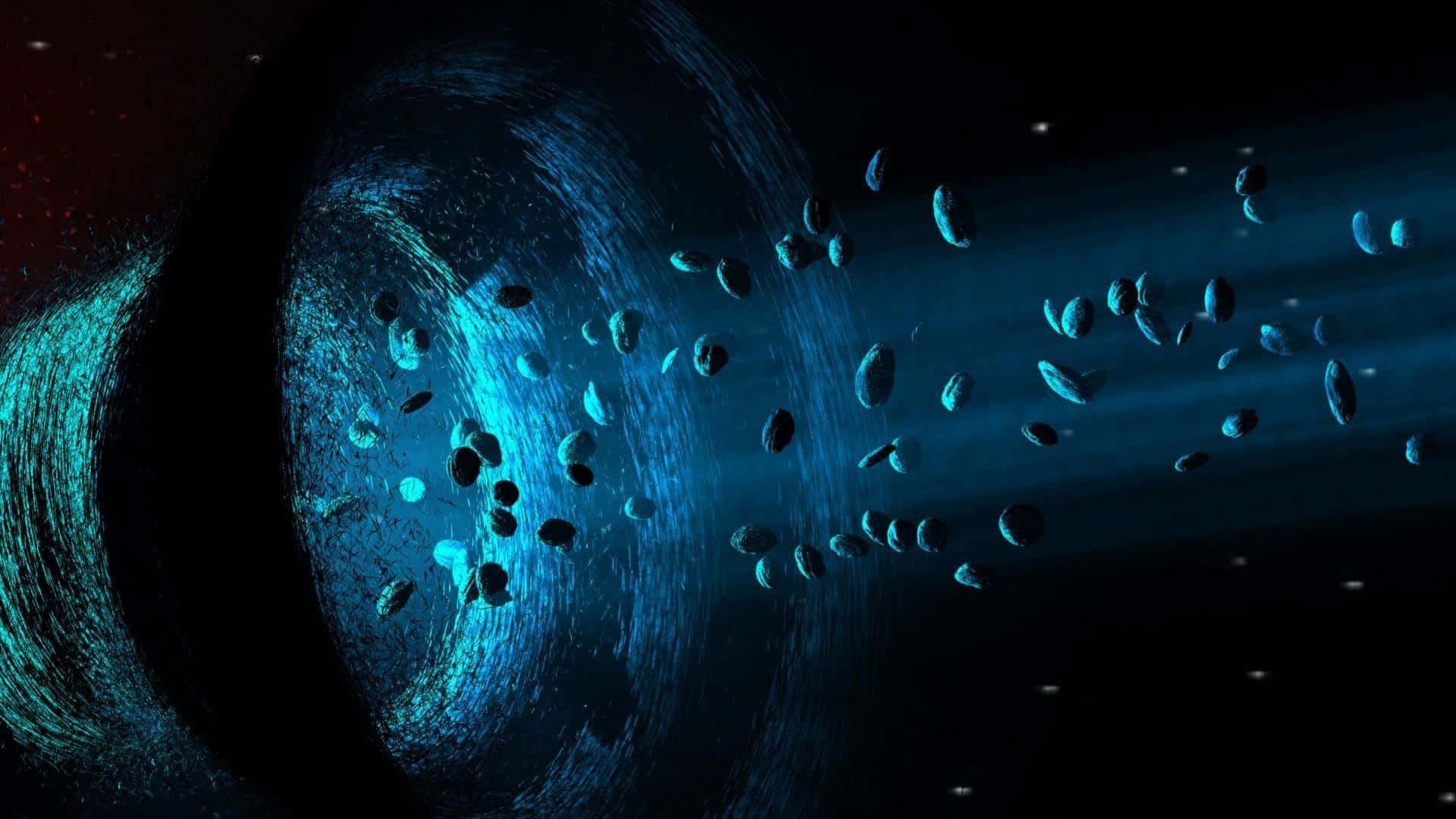 Asteroid 桌布 壁紙 — 一個宇宙藍色漩渦在太空中旋轉，伴隨著發光的粒子和漂浮的小行星，背景是黑暗的星空。