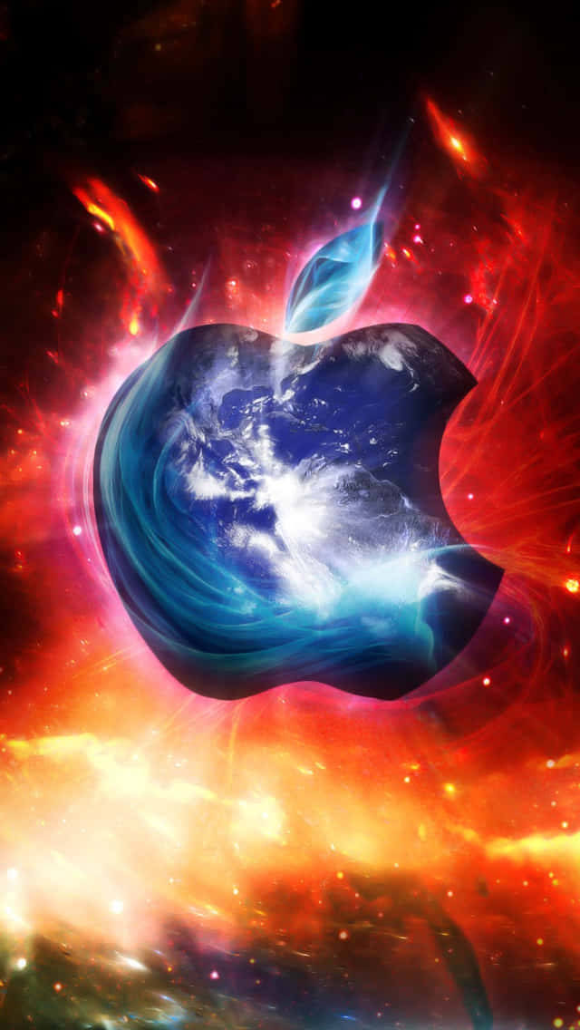 iPhone 桌布 壁紙 — 一個宇宙蘋果標誌，地球旋轉的藍白雲朵在熾熱的紅橙色星雲中發光。