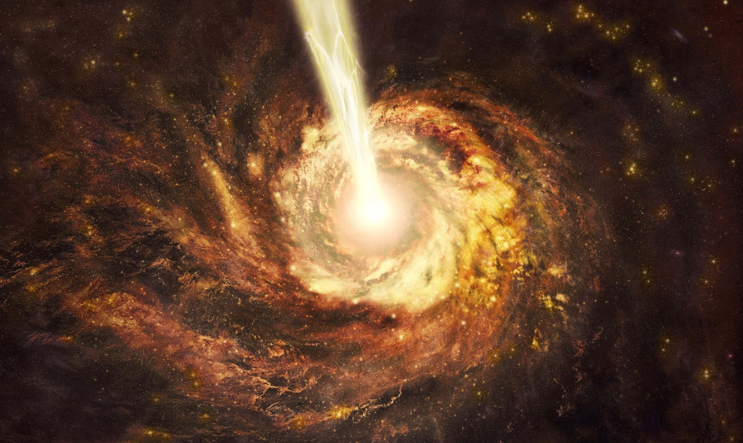 Black Hole Sun 桌布 壁紙 — 一個宇宙螺旋星系，具有明亮的中心核心和一道發光的噴流，穿過旋轉的橙色和金色塵埃向上噴射。