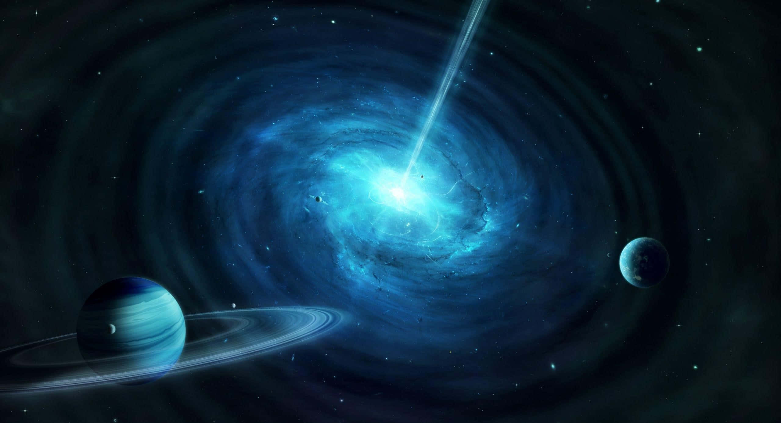 Quasar 桌布 壁紙 — 一個宇宙螺旋星系，帶有明亮的藍色核心，前景中有一顆帶環的行星在軌道上運行。