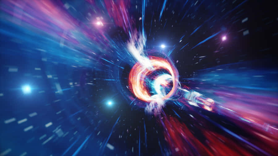 Time Travel 桌布 壁紙 — 一個宇宙蟲洞，在高速太空旅行中，熾熱的橙色和電光藍色的能量漩渦穿過星場。