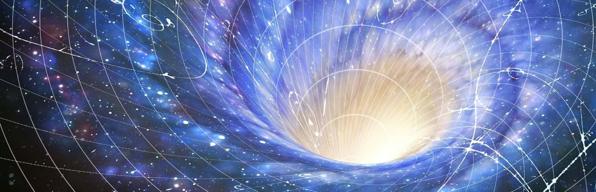 hole 桌布 壁紙 — 一個宇宙蟲洞旋轉著發光的藍色能量和星空，將目光吸引到一個燦爛的金色核心。