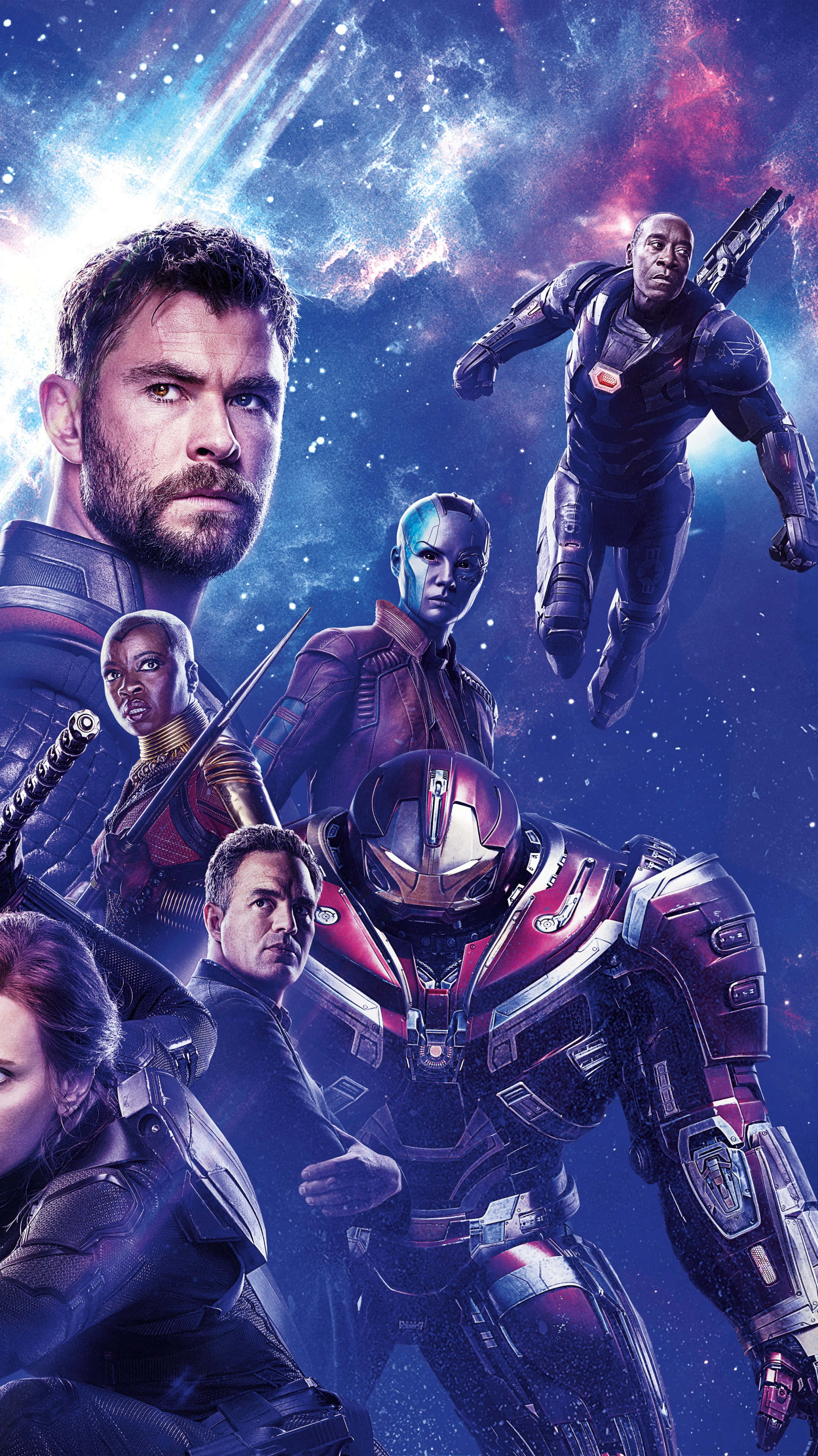 Avengers Endgame iPhone 桌布 壁紙 — 一個宇宙超級英雄團隊在充滿活力的星雲背景下擺姿勢，背景中有發光的星星和宇宙能量。
