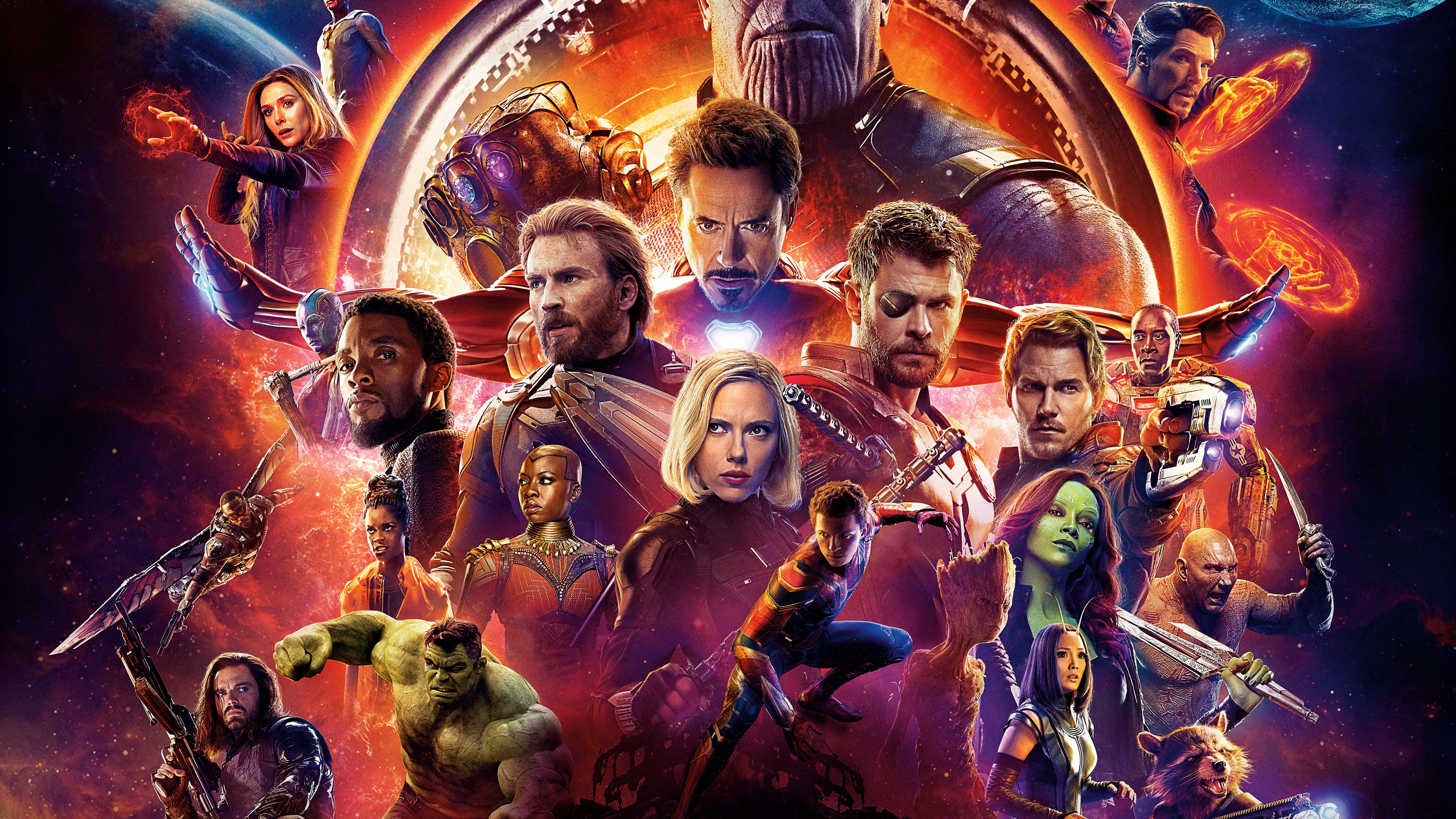 infinity war 桌布 壁紙 — 一個宇宙超級英雄團隊在熾熱星雲背景下英勇擺姿勢，薩諾斯巨大身影隱現。