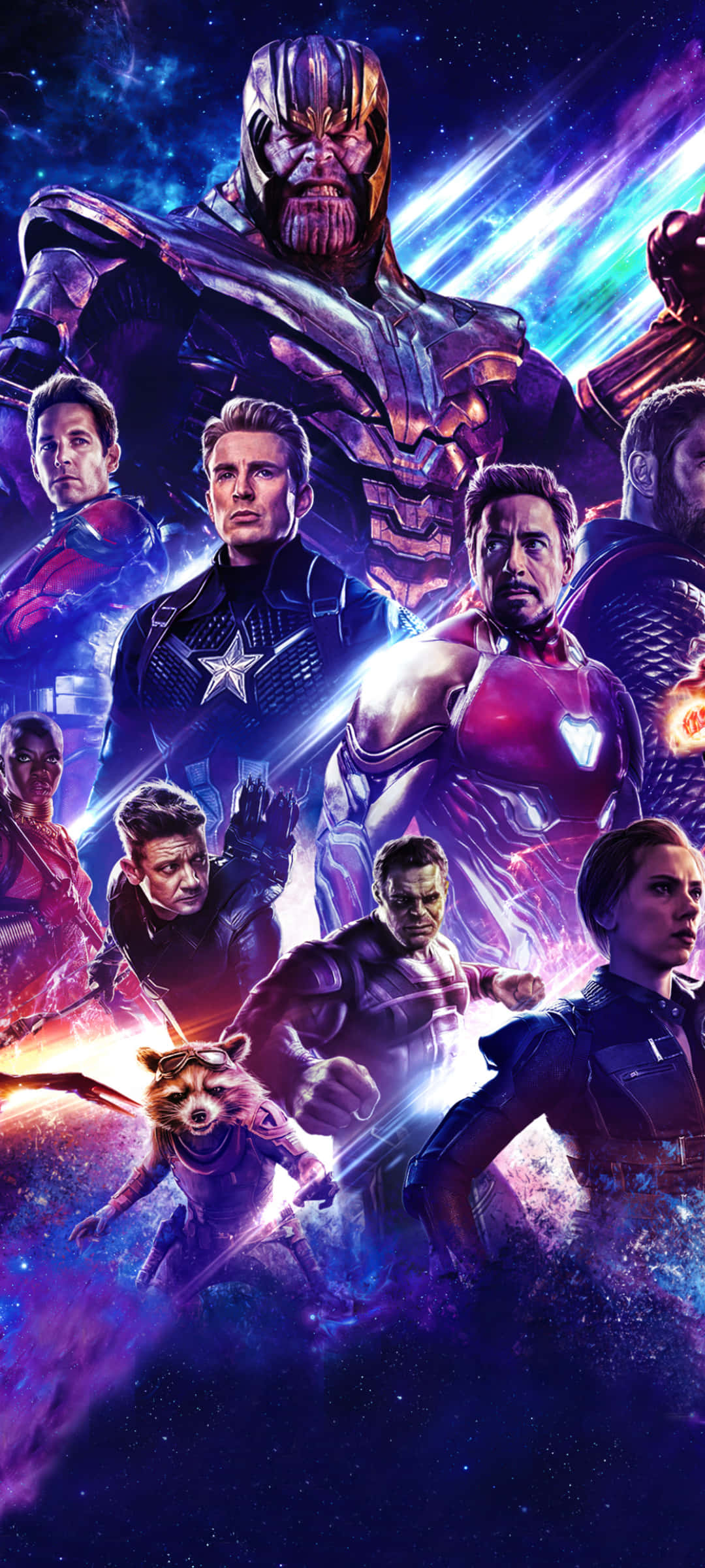 Endgame 桌布 壁紙 — 一個宇宙超級英雄組合， featuring Thanos 和復仇者聯盟，背景是充滿活力的星域和能量光束。