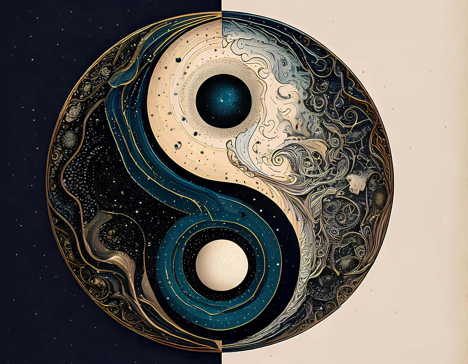 Yin Yang 壁紙 — 一個宇宙陰陽符號，帶有旋轉的星系、恆星和天體，採用深藍色、奶油色和金色。