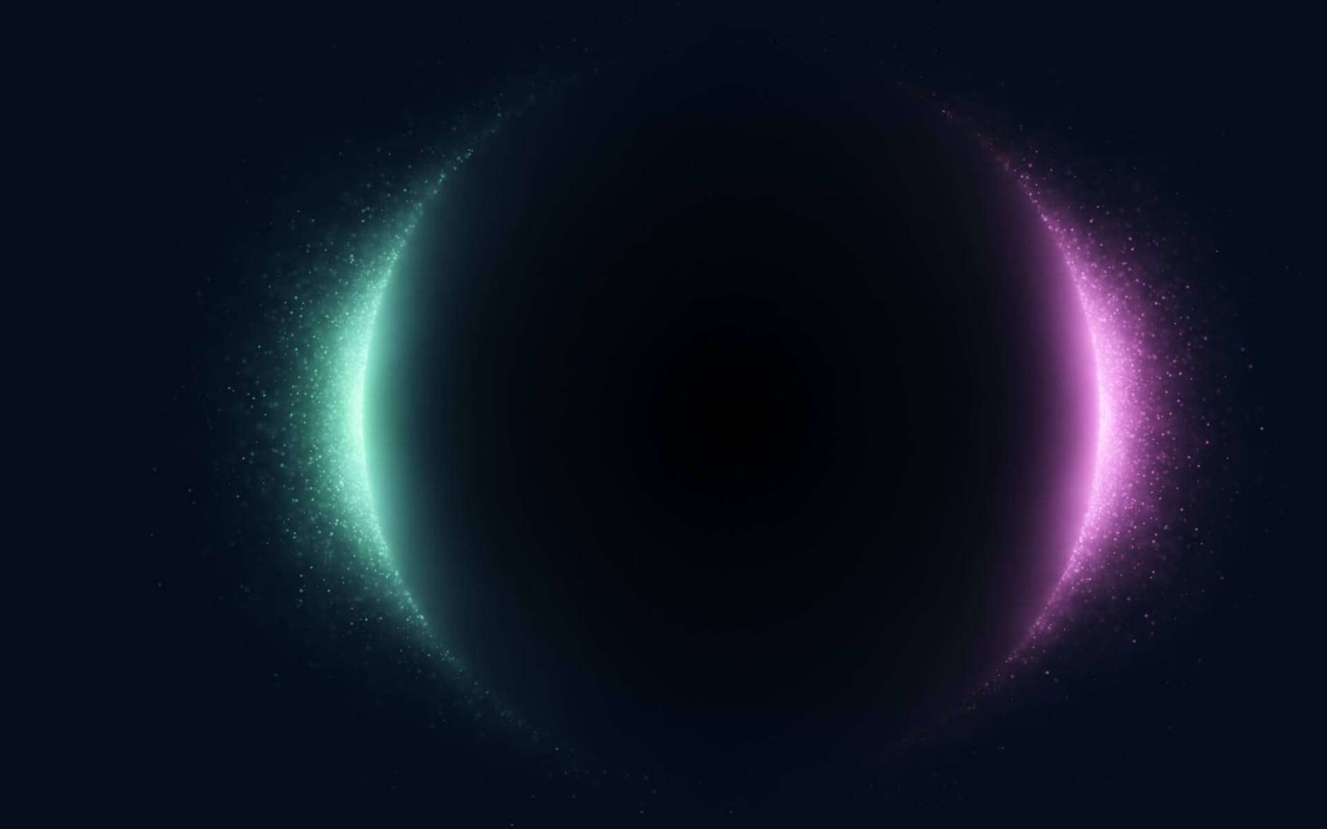 Black Planet 桌布 壁紙 — 一個宇宙隧道，在黑暗的星空虛空中散發著發光的青綠色和粉紅色粒子光暈。