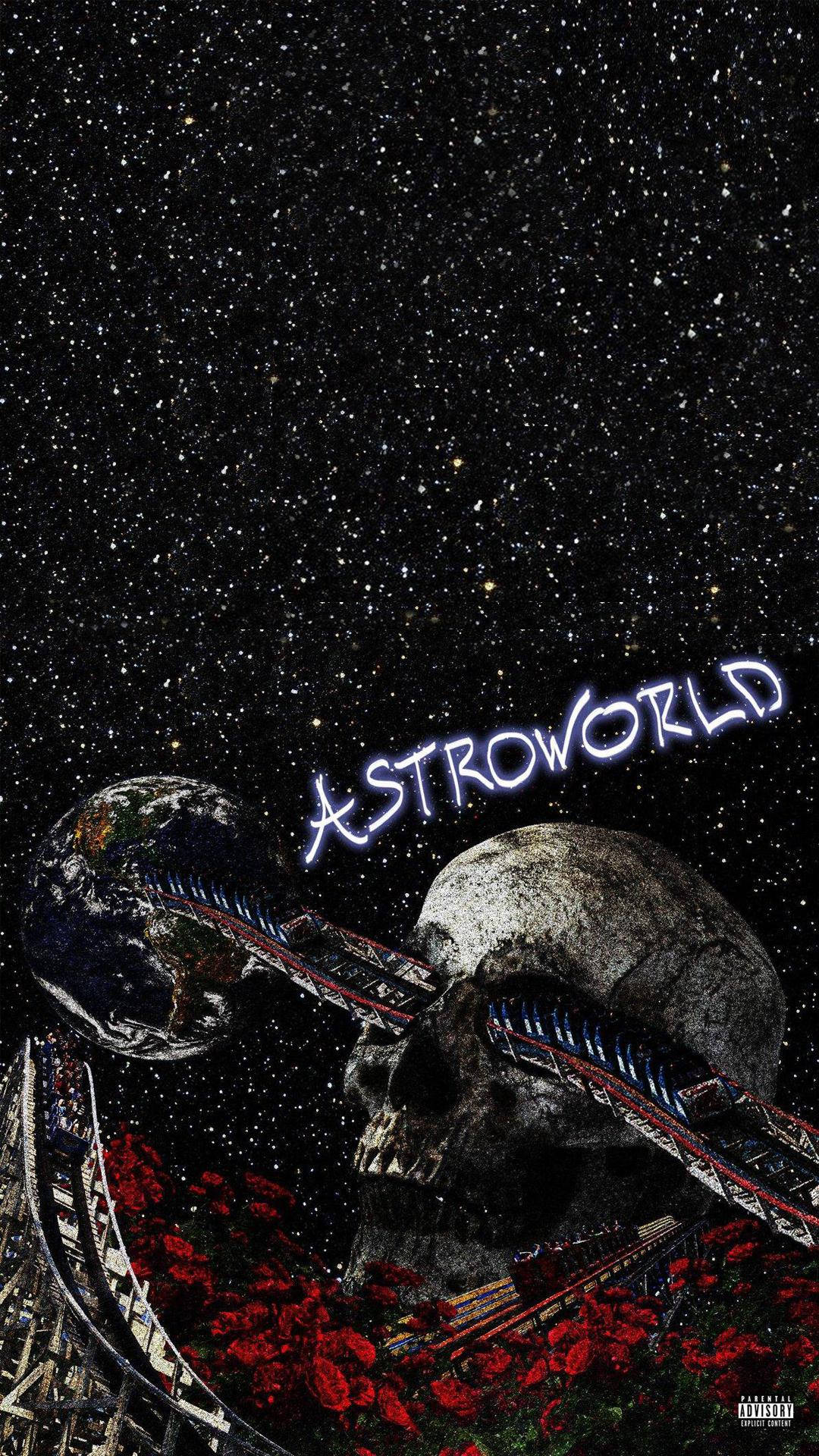 album 桌布 壁紙 — 一個宇宙雲霄飛車在星空中盤旋，經過一個骷髏頭和地球，紅玫瑰上方有發光的「ASTROWORLD」文字。