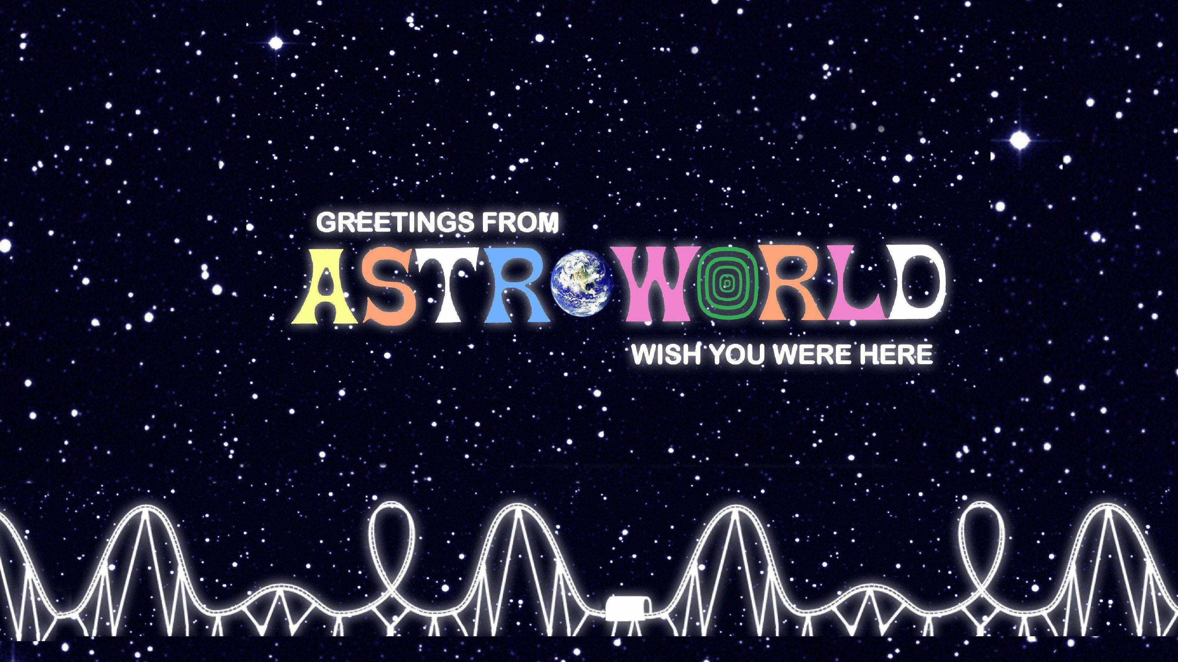 Travis Scott Astroworld 桌布 壁紙 — 一個宇宙雲霄飛車在繁星點點的夜空下發出白光，下方是色彩繽紛的「Greetings from AstroWorld」標誌。