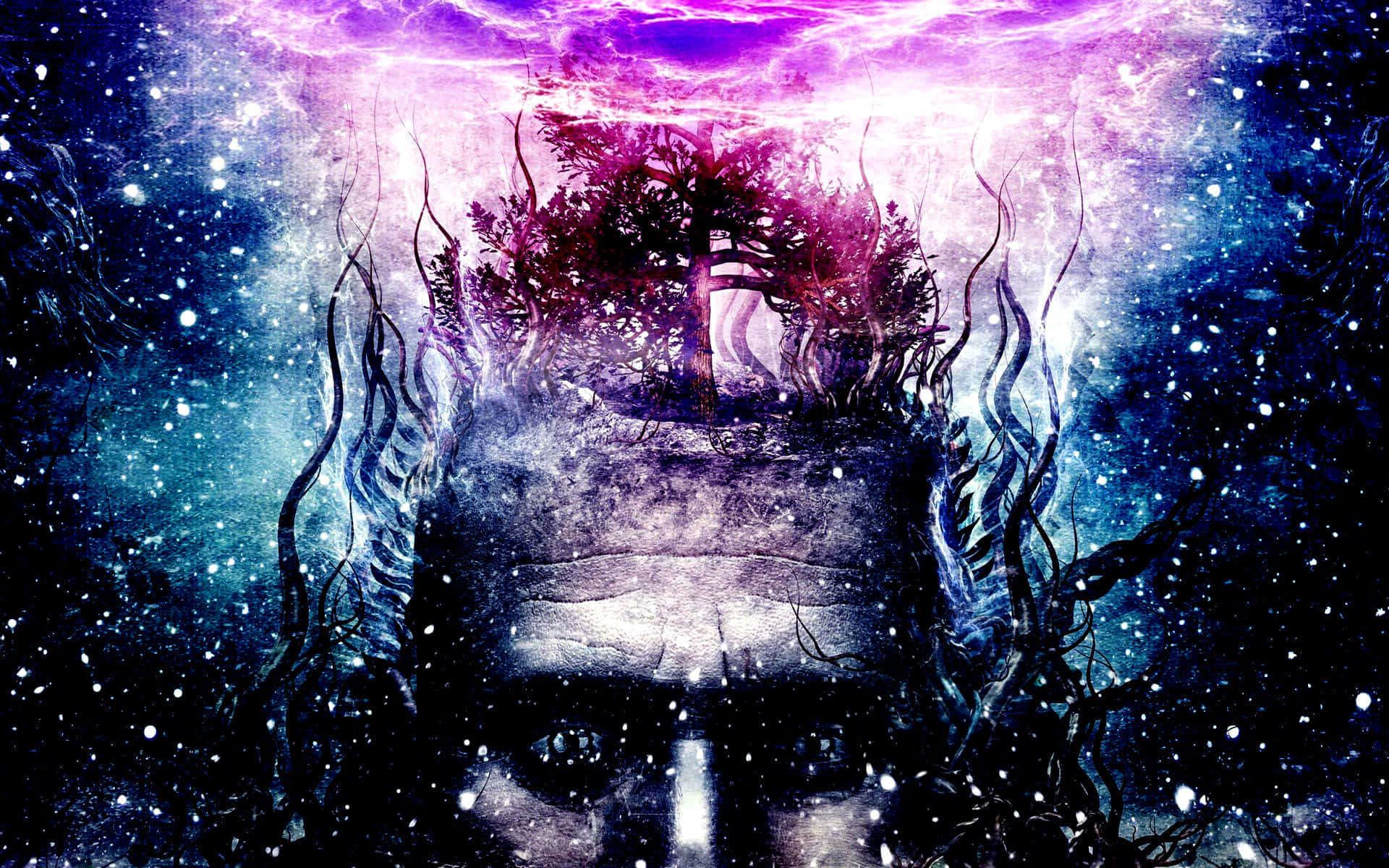 Dark Psychedelic HD 桌布 壁紙 — 一個宇宙面孔，帶有發光的紫色眼睛，額頭上長出一棵樹，背景是繁星點點的星雲天空。