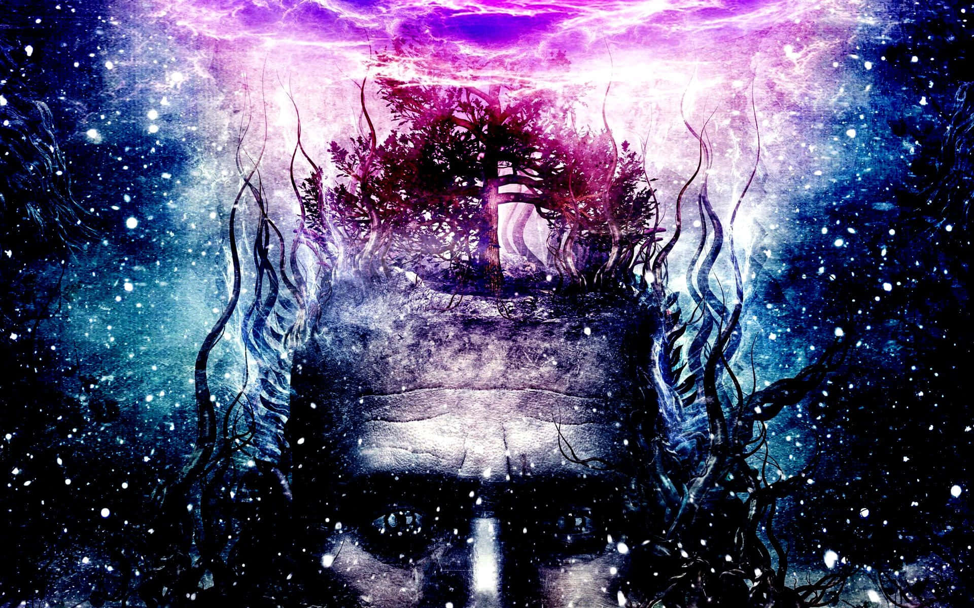 Occult 桌布 壁紙 — 一個宇宙面孔，額頭上長出一棵樹，背景是充滿星星的鮮豔紫色星雲。