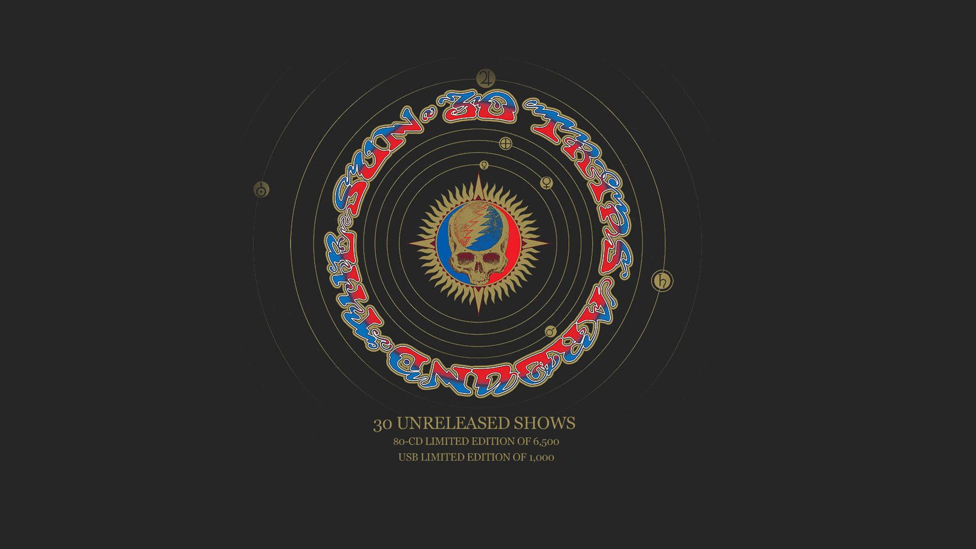 dead 桌布 壁紙 — 一個宇宙風格的Grateful Dead骷髏標誌，帶有同心圓和文字，背景為深色。