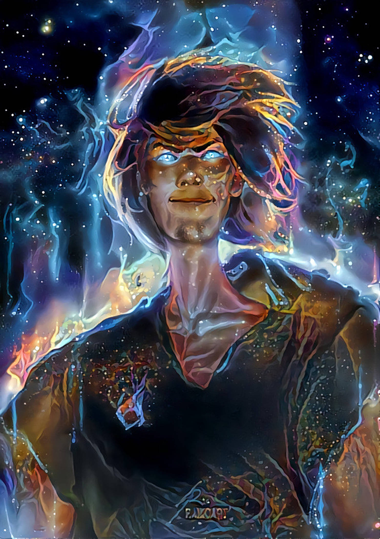 Shaggy 桌布 壁紙 — 一個宇宙風格的人物肖像，擁有發光的藍色眼睛和飄逸的頭髮，周圍環繞著鮮豔的星雲和星星。