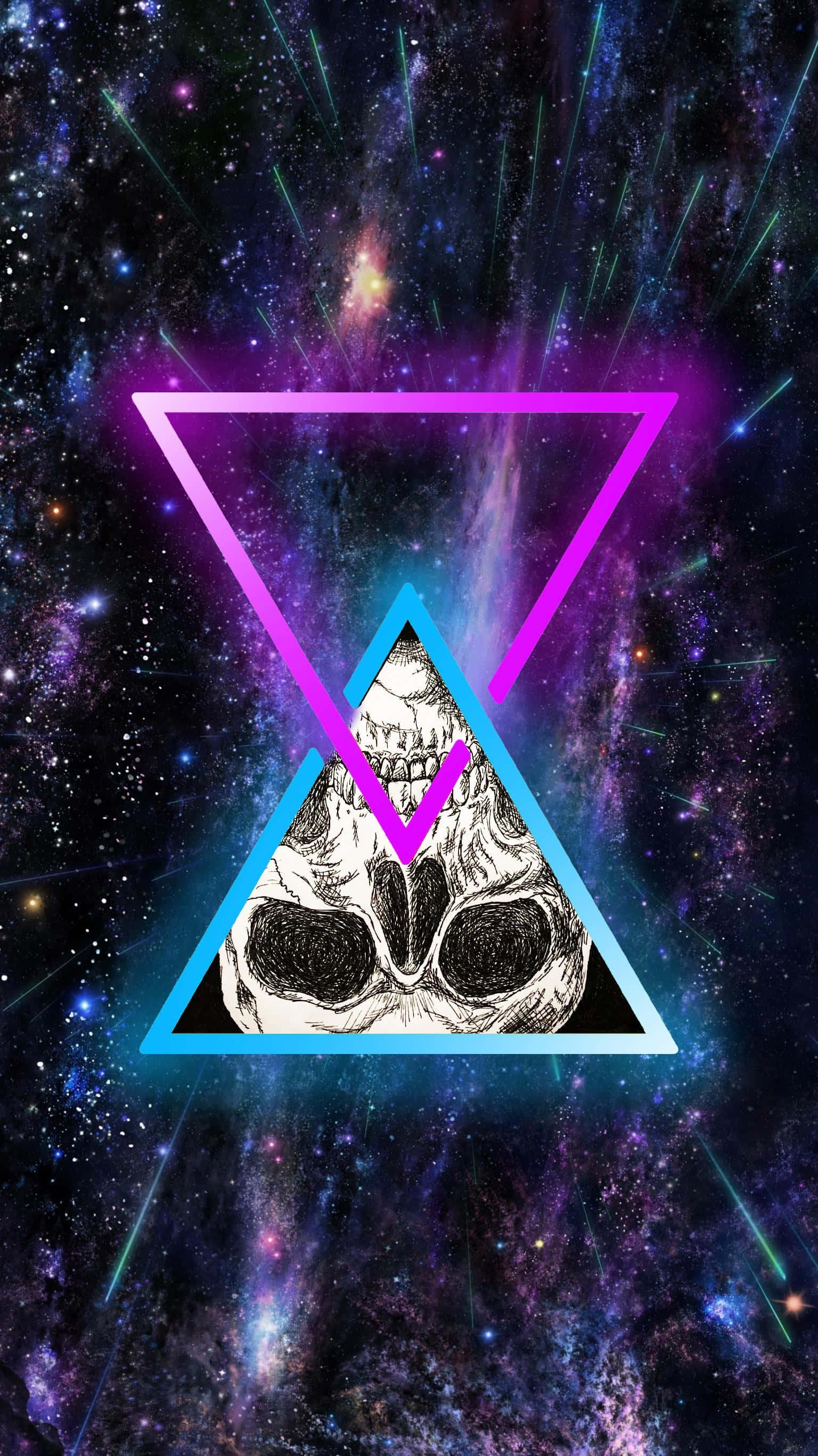主畫面 桌布 壁紙 — 一個宇宙骷髏頭，由發光的霓虹三角形框住，背景是充滿流星的 vibrant 星場。