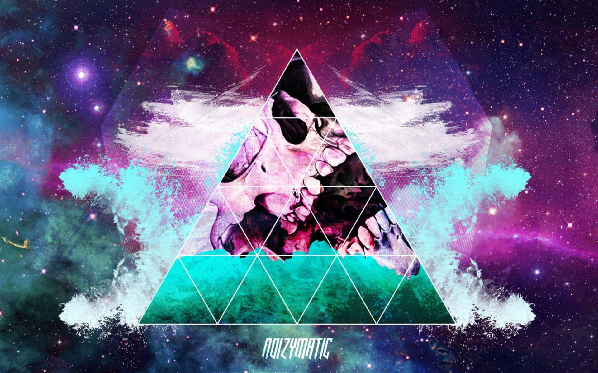 Hipster Tumblr 桌布 壁紙 — 一個宇宙骷髏頭被框在一個發光的三角形內，背景是充滿紫色、藍綠色和星空的鮮豔星雲。