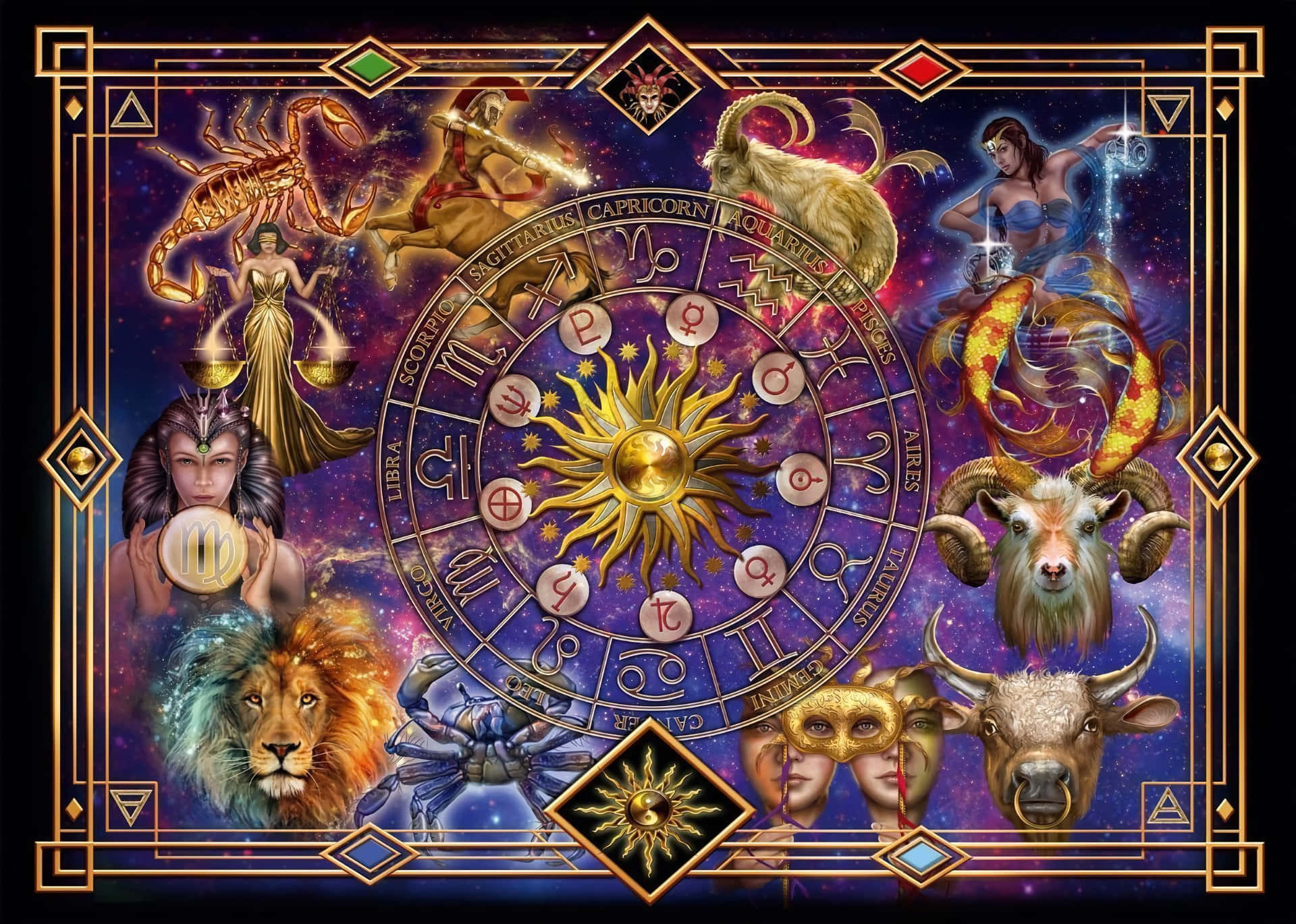 Zodiac Sign 桌布 壁紙 — 一個宇宙黃道輪，周圍環繞著十二個星座和神話人物，背景是繁星點點的紫色天空。