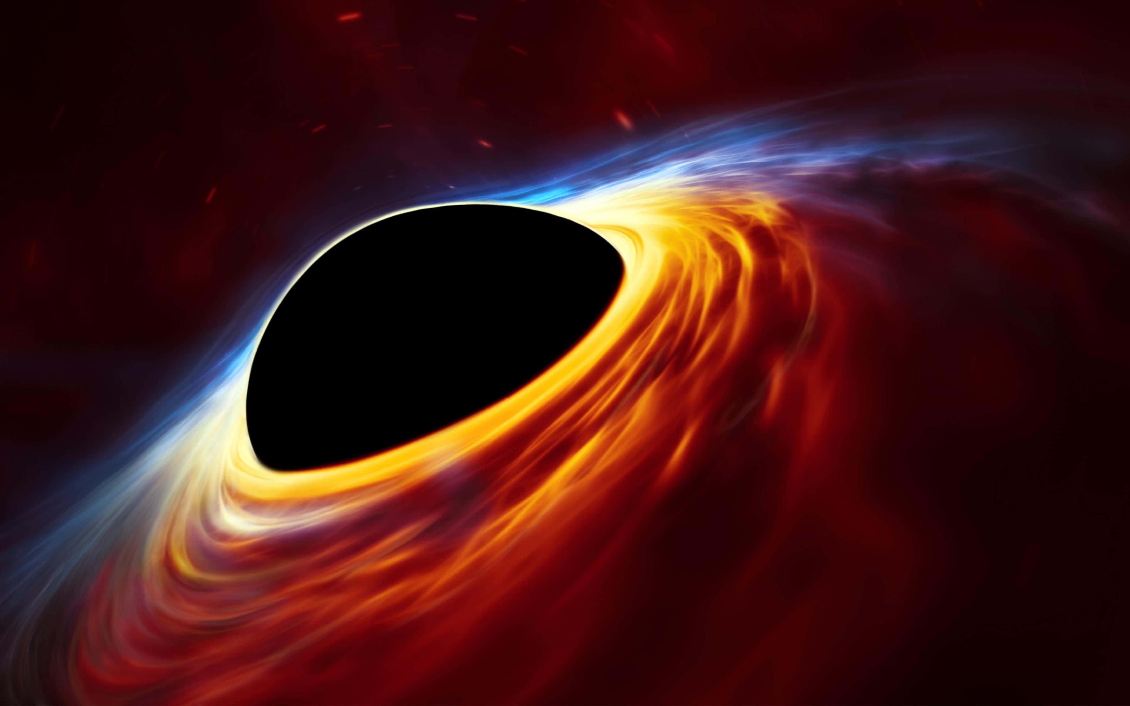 Supernova Explosion 桌布 壁紙 — 一個宇宙黑洞，其熾熱的橙藍色吸積盤在深紅虛空中圍繞黑暗中心旋轉。