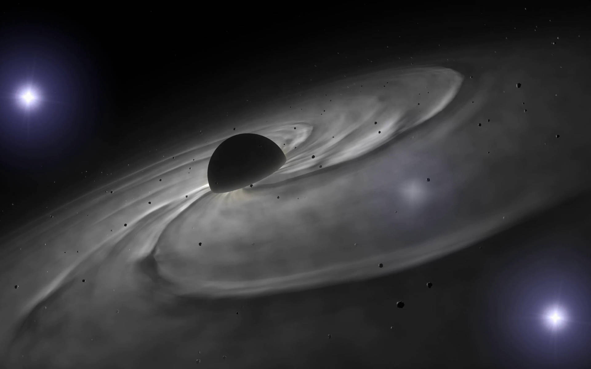 Black Planet 桌布 壁紙 — 一個宇宙黑洞，帶有旋轉的吸積盤，由兩顆明亮的恆星在星場中照亮。