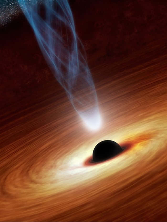 Black Hole Sun 桌布 壁紙 — 一個宇宙黑洞，帶有旋轉的橙色吸積盤和發光的藍色噴流，背景是深紅色的太空。