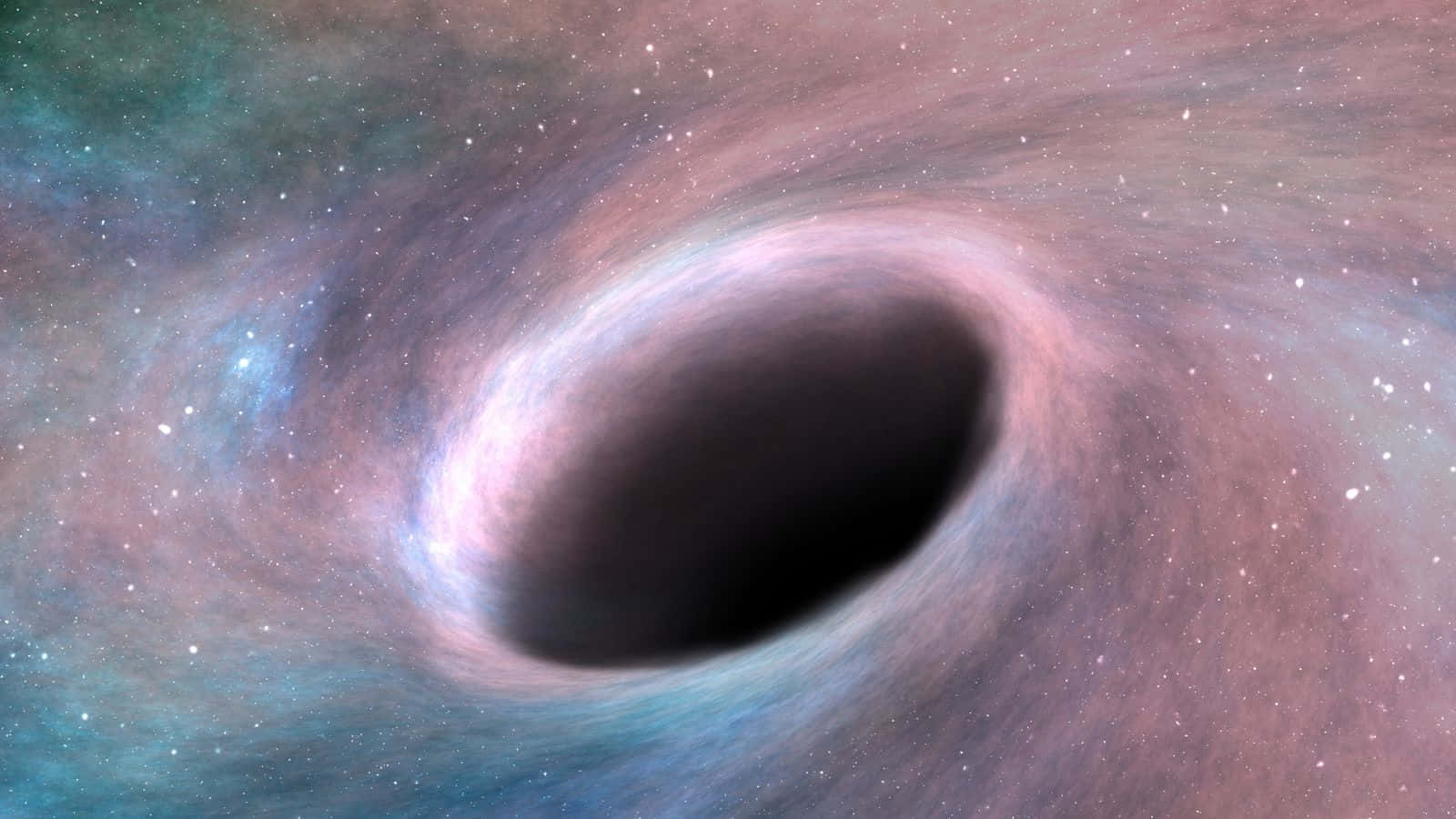 Black Hole Hubble Telescope 桌布 壁紙 — 一個宇宙黑洞，帶有旋轉的粉紅色和藍綠色吸積盤，背景是星場。