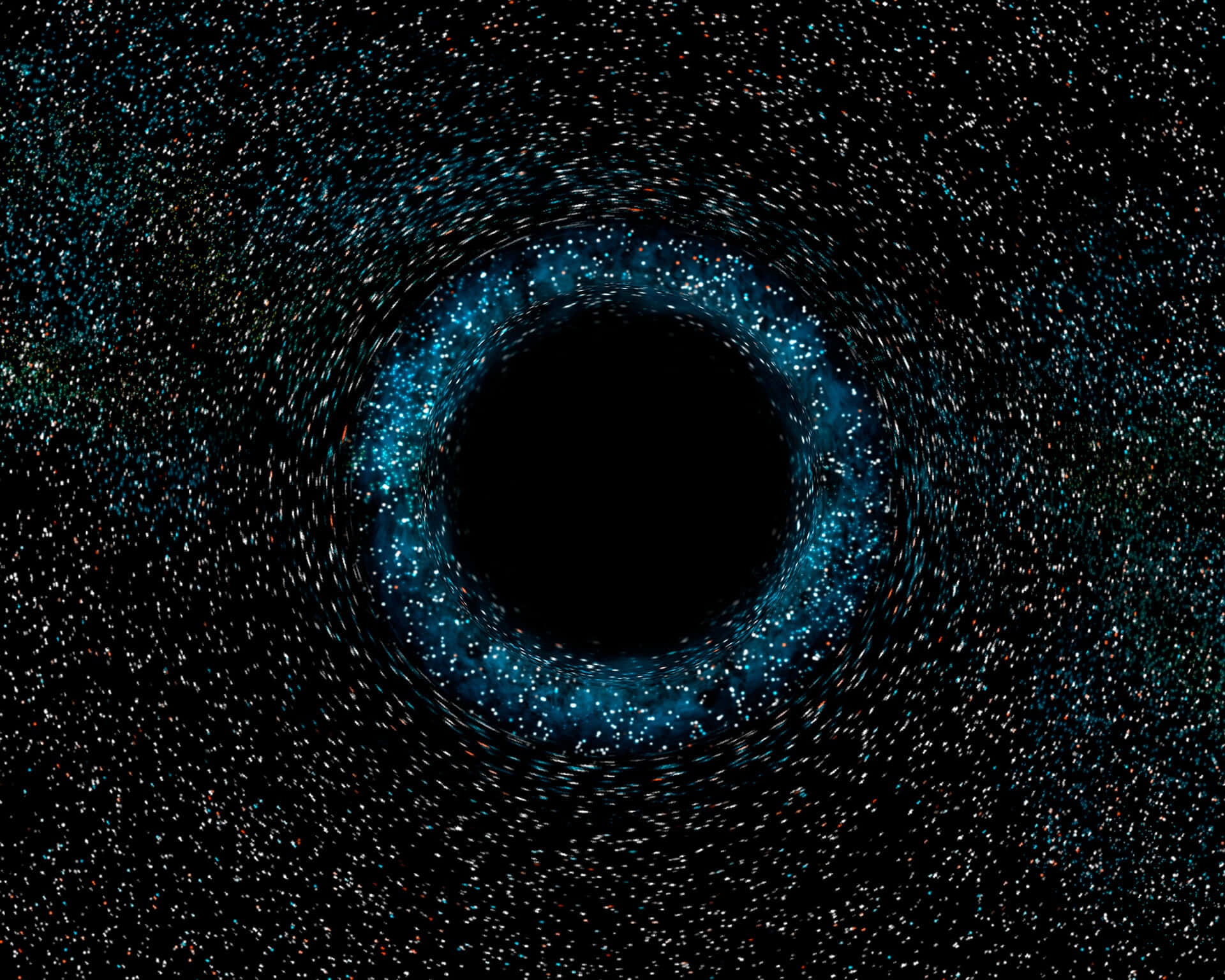 Dark Energy 桌布 壁紙 — 一個宇宙黑洞，帶有旋轉的藍色吸積盤，周圍是深空中的遙遠恆星。