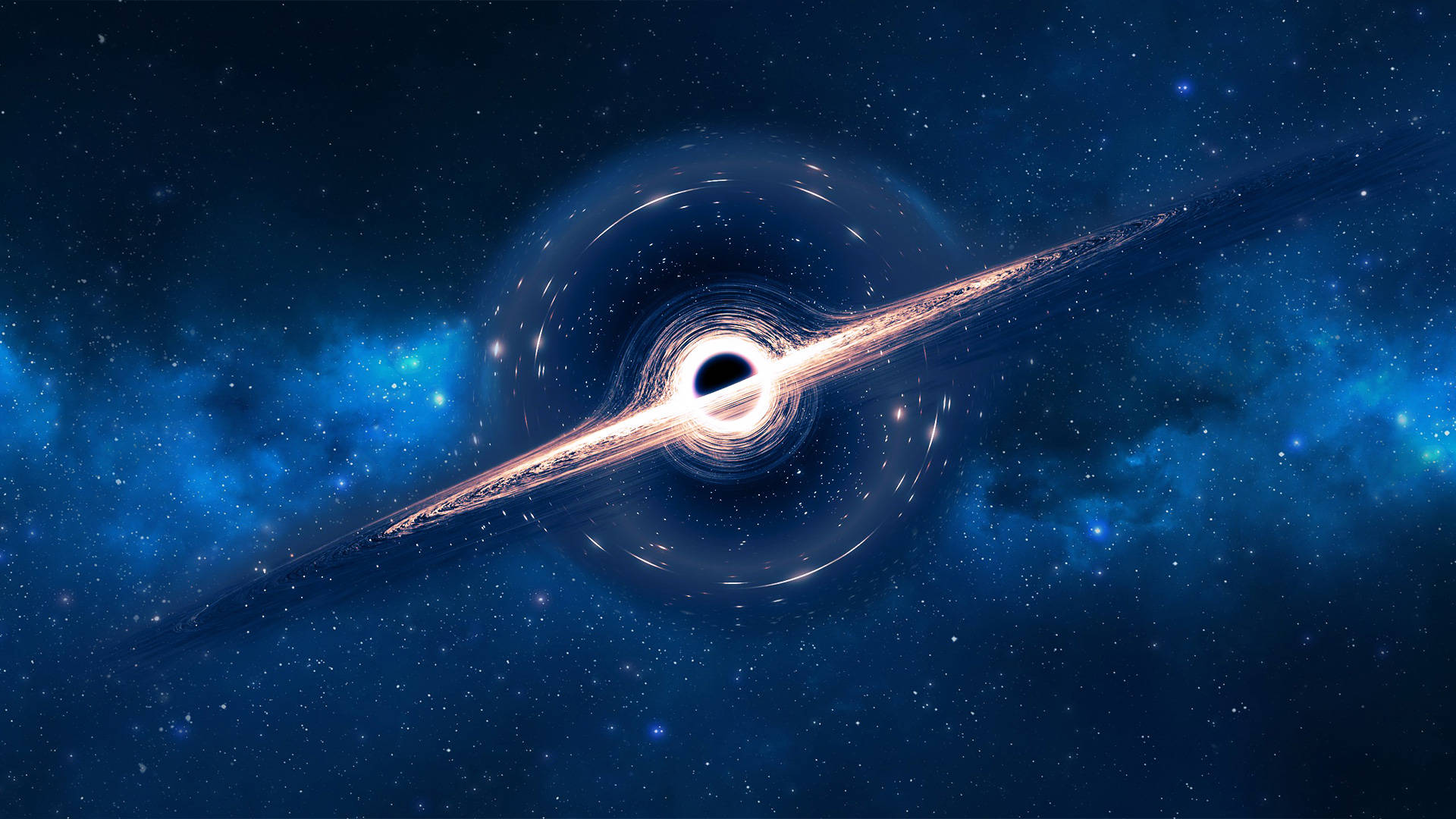 深空中被恆星和藍色星雲包圍的發光圓盤黑洞 — 外太空 GIF 壁紙