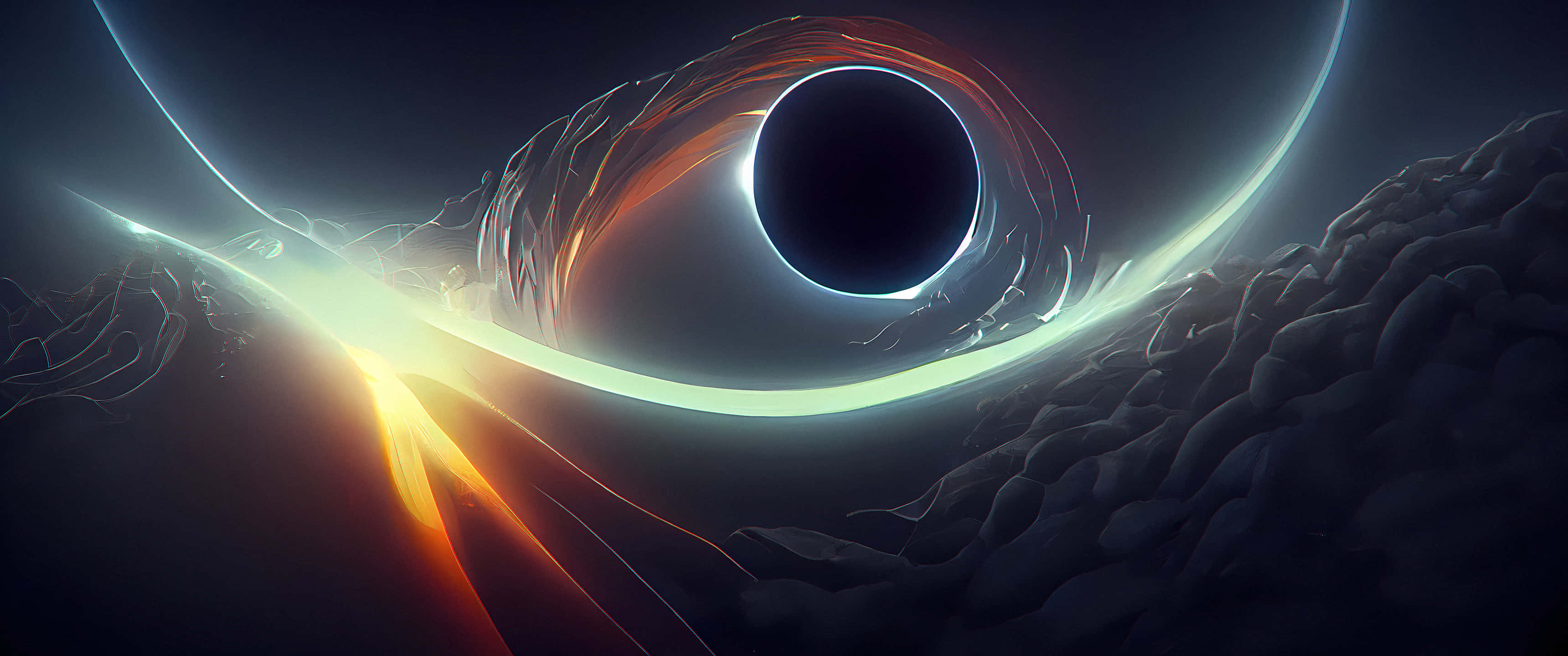 Ultra Wide 3440x1440 Space 桌布 壁紙 — 一個宇宙黑洞，帶有發光的吸積盤和輻射光束，背景是黑暗星雲。